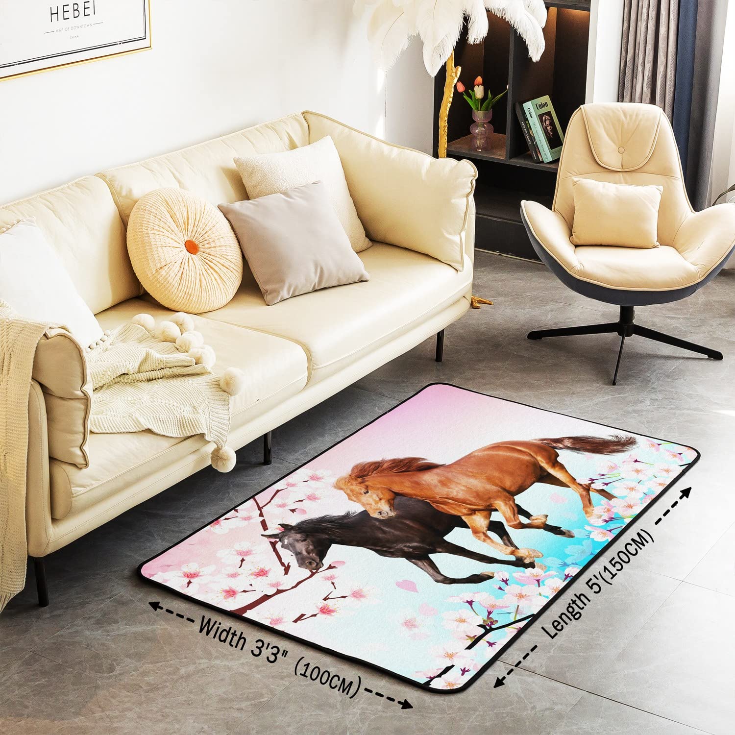 Homemissing Cheval Tapis De Salon 100x150cm Salon Tapis Chambre À Coucher Doux Et Confortable Run Cheval Cherry Flower Decoration De Sol Enfants Filles Teen Room Decoration
