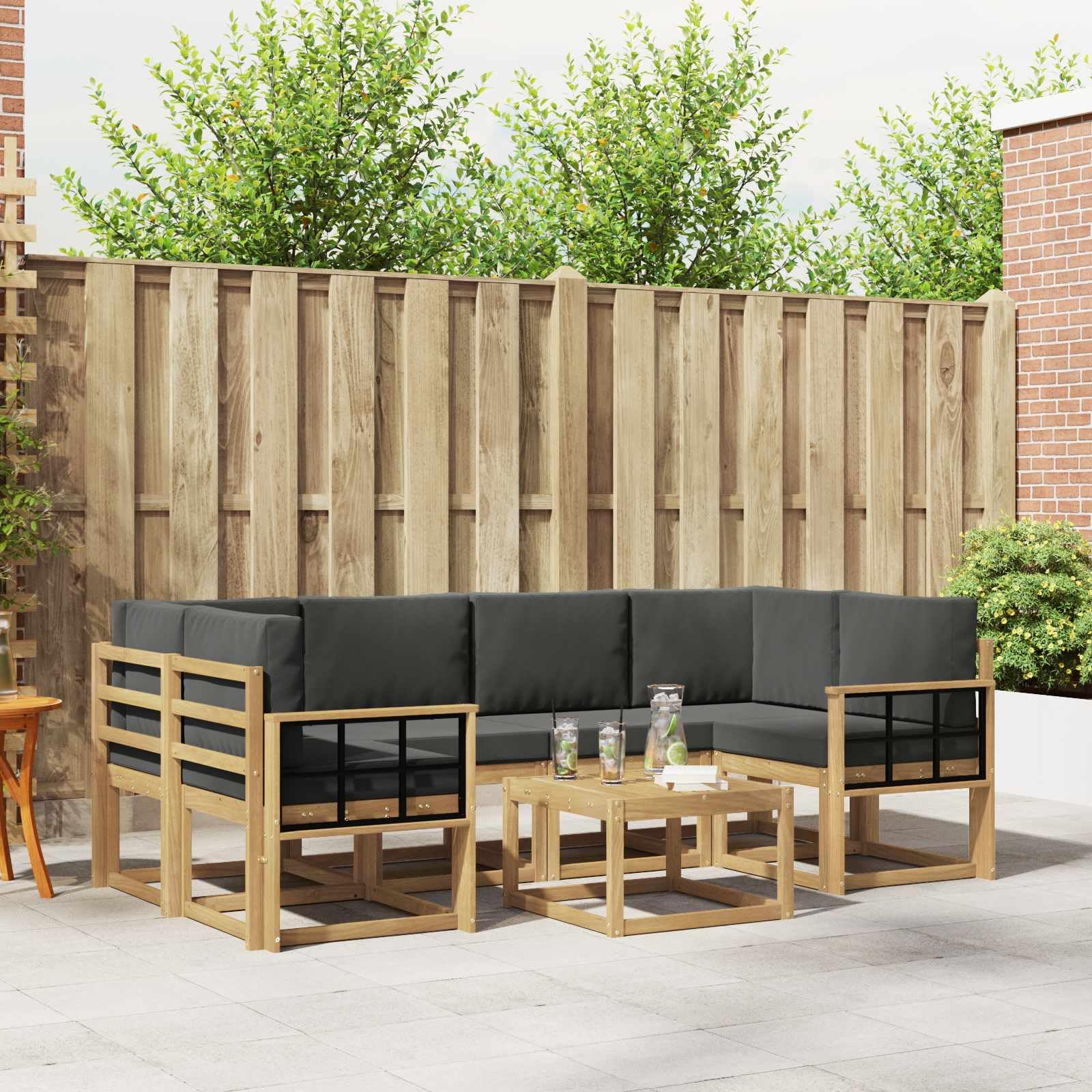 Gartenmöbelgarnitur Set mit 7 Teilen in Weiß und Anthrazit, wetterfestes Akazienholz, modulare Sitzgruppe für Terrasse, Balkon, Garten, modern und langlebig, inklusive Tisch, Sofas, Kissen