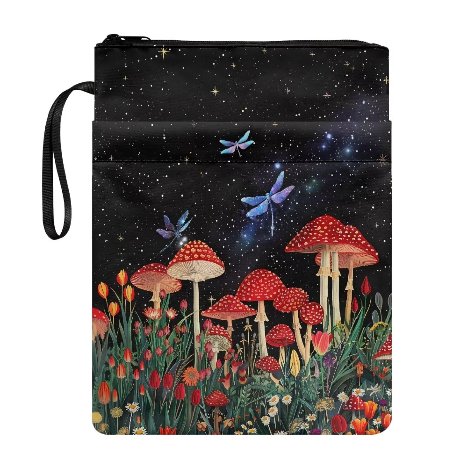Wanyint Book Cover Book Pouch Book Protector with Zipper and Front Pocket Lightweight Book Sleeve for Men, Women, Teacher, Students, Mushroom Dragonfly Galaxy