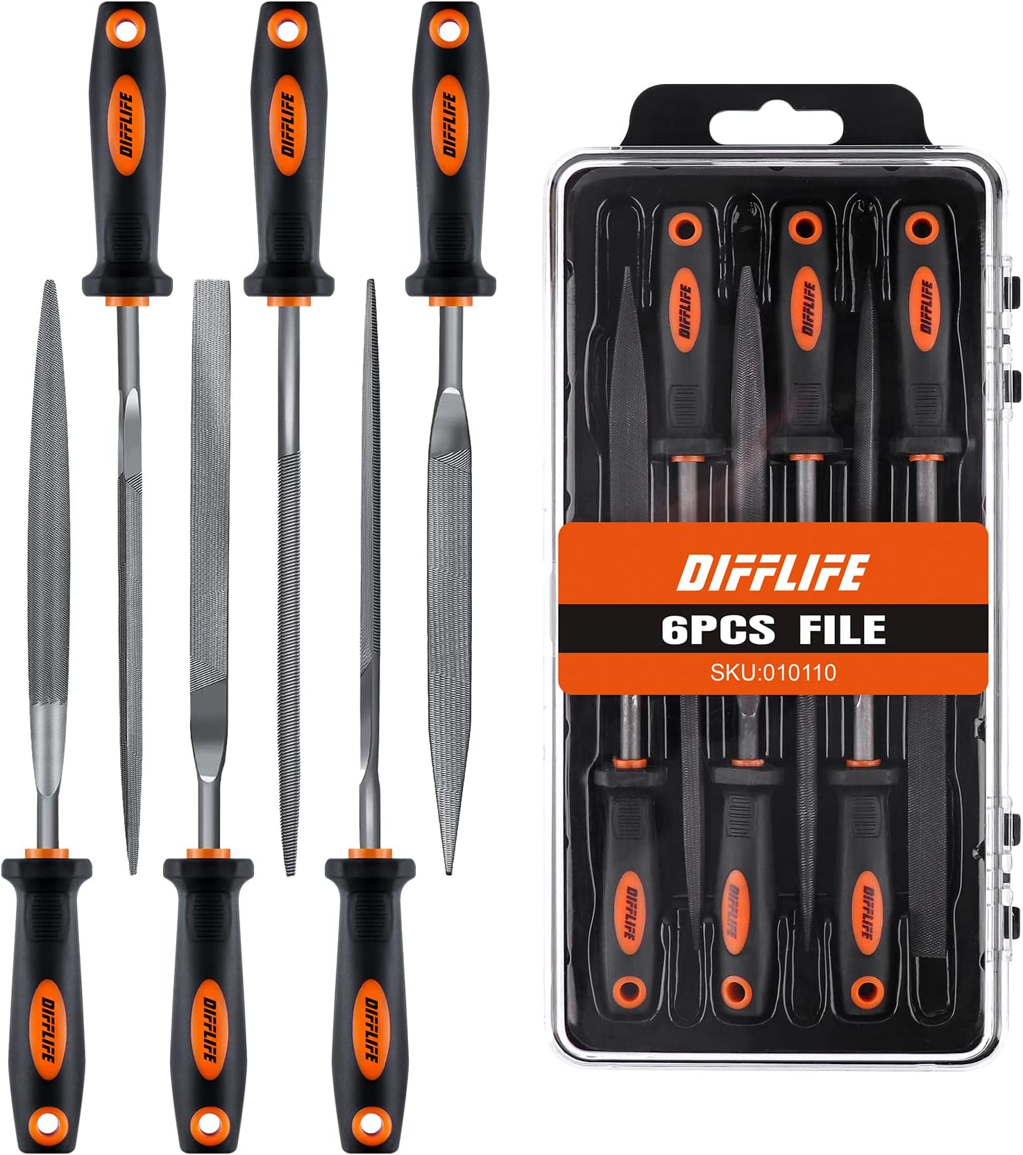 7'' Needle File Set - Carbon Steel 6-Piece With Handles, Hardened Alloy Strength Steel - Includes Flat, Flat Warding, Square, Triangular, Round, and Half-Round Files