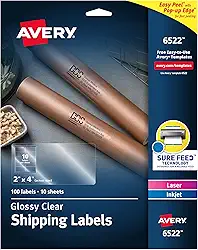 Avery Etiquetas de endereço transparentes e brilhantes para impressoras a laser e jato de tinta, 5 x 10 cm, 100 etiquetas (6522)