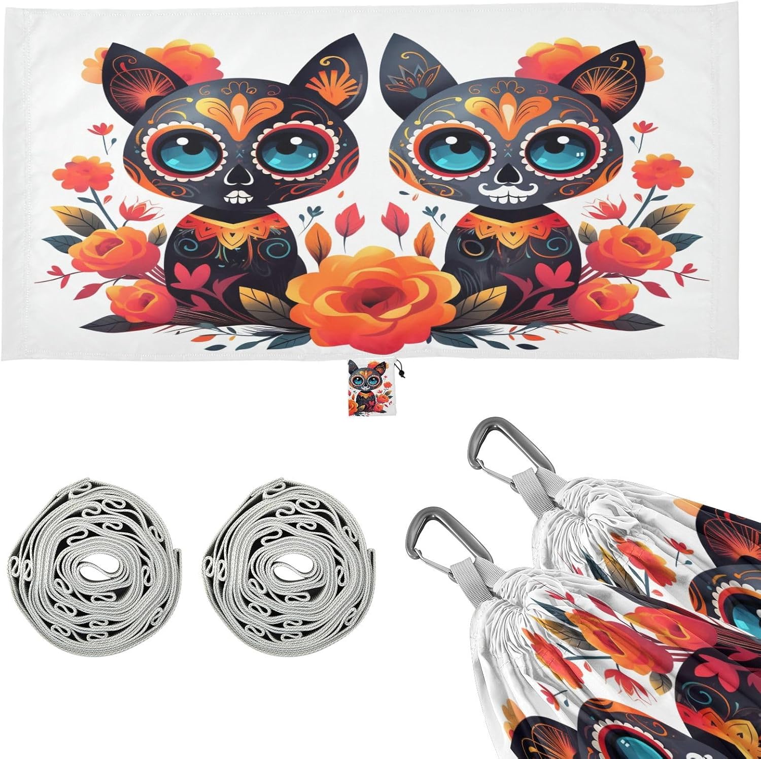 ALAZA Sugar Skull Cat Day of Dead Camping Hammocks Single or 2 Person 500 lbs Portable Parachute Travel Hammock w/Tree Straps for Hiking Backpacking Indoor Outdoor