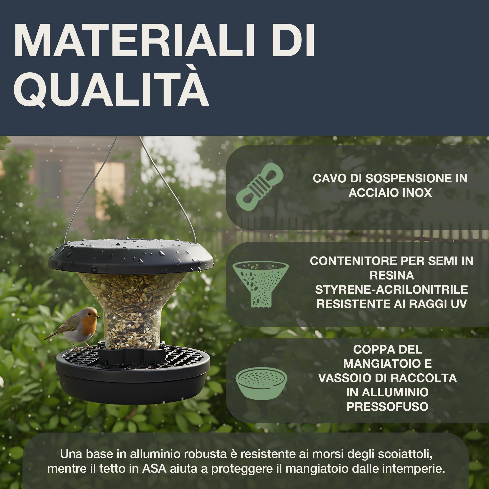 SWISSINNO Mangiatoia per uccelli SMART Birds "CHUR: con base in alluminio antierosione - ELEVATA RESISTENZA AGLI SCOIATTOLI – Pressofuso in alluminio, Tetto in ASA e Contenitore SAN