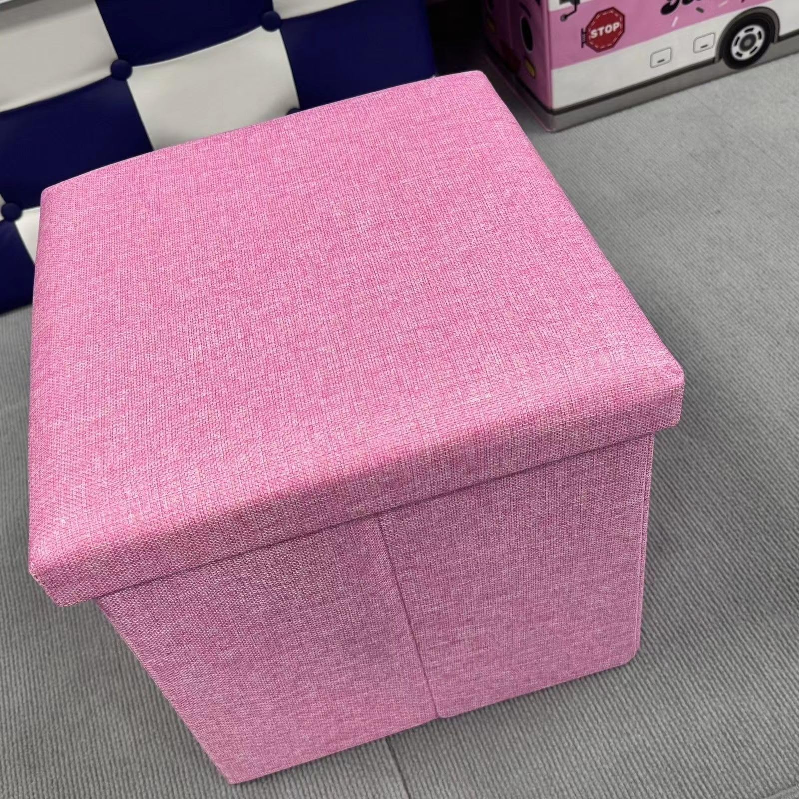 Hbluefat 15 Inches Small Folding Storage Ottoman Cube, Linen Fabric Storage Footrest, Rest Padded Seat, for Living Room, Bedroom (Pink)