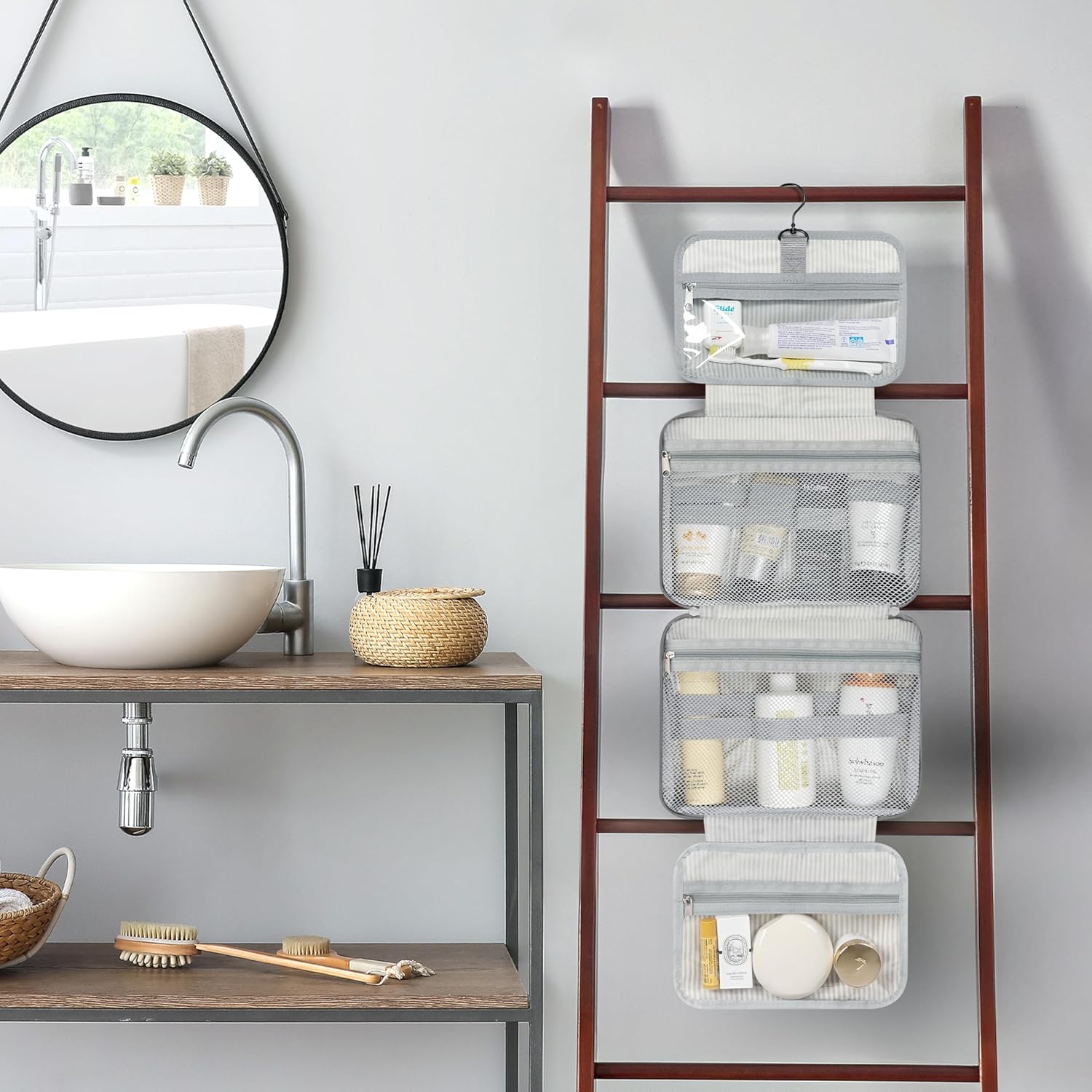 PAVILIA Hanging Toiletry Bag Travel Bag Women Men, Foldable Cosmetic Organizer, Roll up Makeup Bag, Water Resistant Accessories Toiletries, Large Travel Essentials Kit (Heather Grey) - Image 7