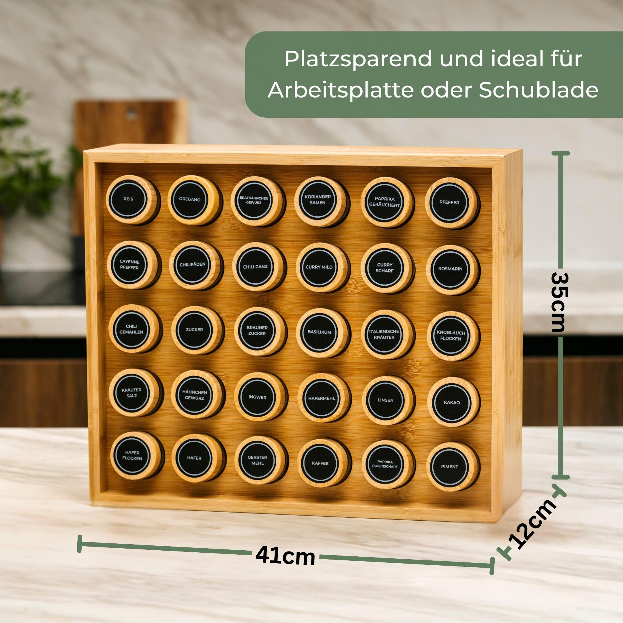 Adabor Gewürzregal aus Bambus Holz stehend oder für Schublade - Spice Rack Gewürz Organizer mit 30 Gläsern - Gewürzgläser mit Bambusdeckel+ Streueinsätze+ 144 Etiketten+ Stift für Gewürzaufbewahrung