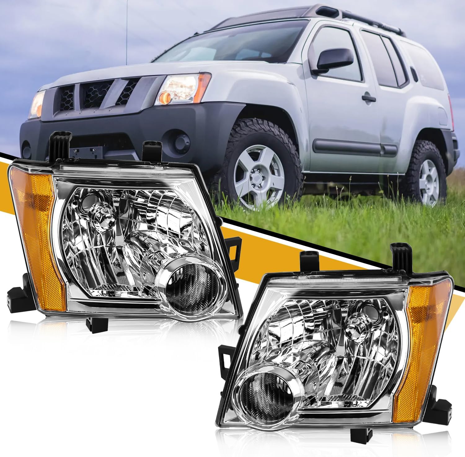 Headlight Assembly Pair Compatible with Nissan Xterra 2005-2015, Factory-OE-Style Halogen Headlamp Replacements for 26010-EA025 26060-EA025, w/o Bulb, White Housing Clear Lens Yellow Corner