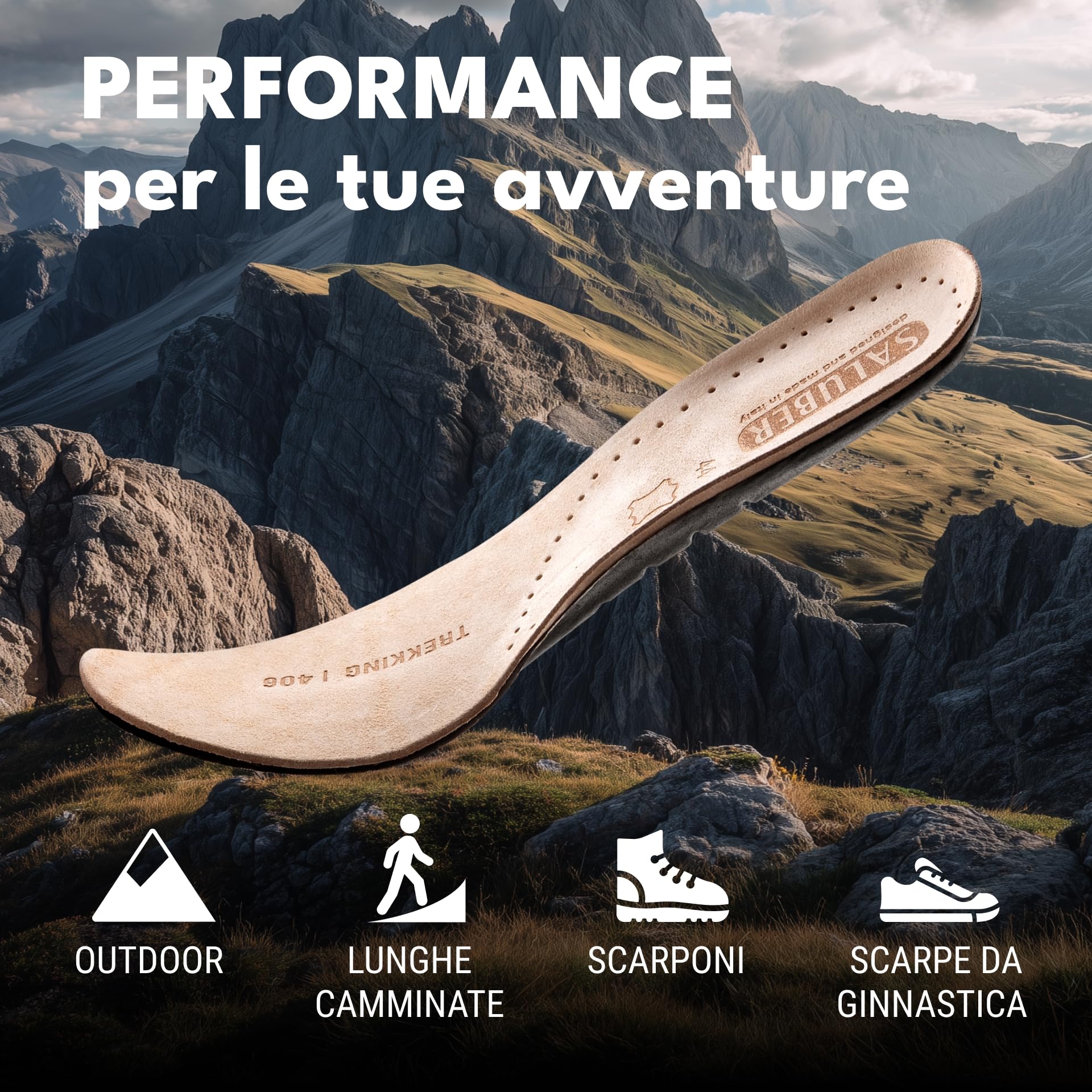 Saluber Solette Active 406, Solette Scarpe Premium: Poron+ per assorbimento degli urti, Carbone Attivo per freschezza, Vero Cuoio per comfort naturale (43)