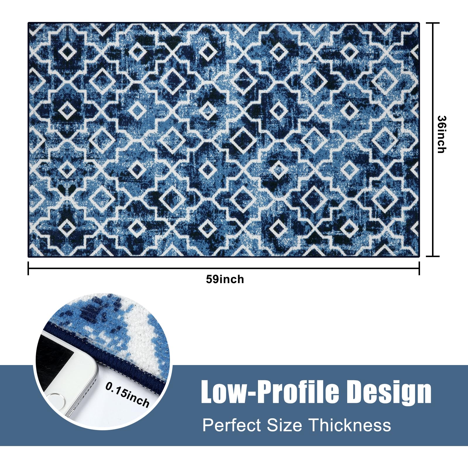 Wonnitar Moroccan Indoor Door Mat,36"x59" Entry Rug Washable Front Door Mat,Non-Slip Absorbent Dirt Trapper Mat for Entryway,Low-Profile Floor Carpet for Kitchen Entrance Bathroom,Post Blue