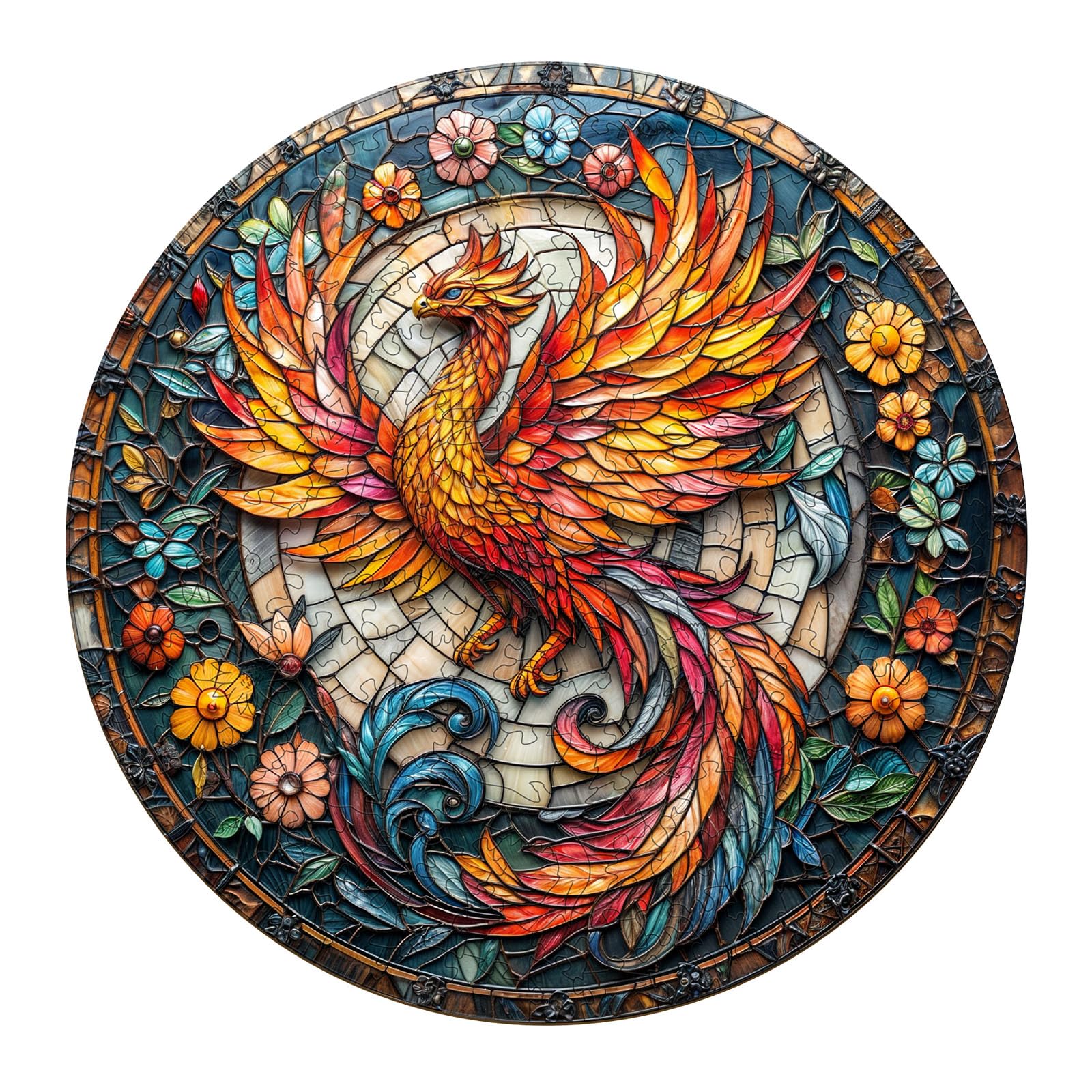 Wooden Puzzles for Adults, Stained Glass Phoenix Wooden Jigsaw Puzzle for Adults, Flowers Wood Puzzles Adult, Unique Animal Shape, Gifts for Friends,