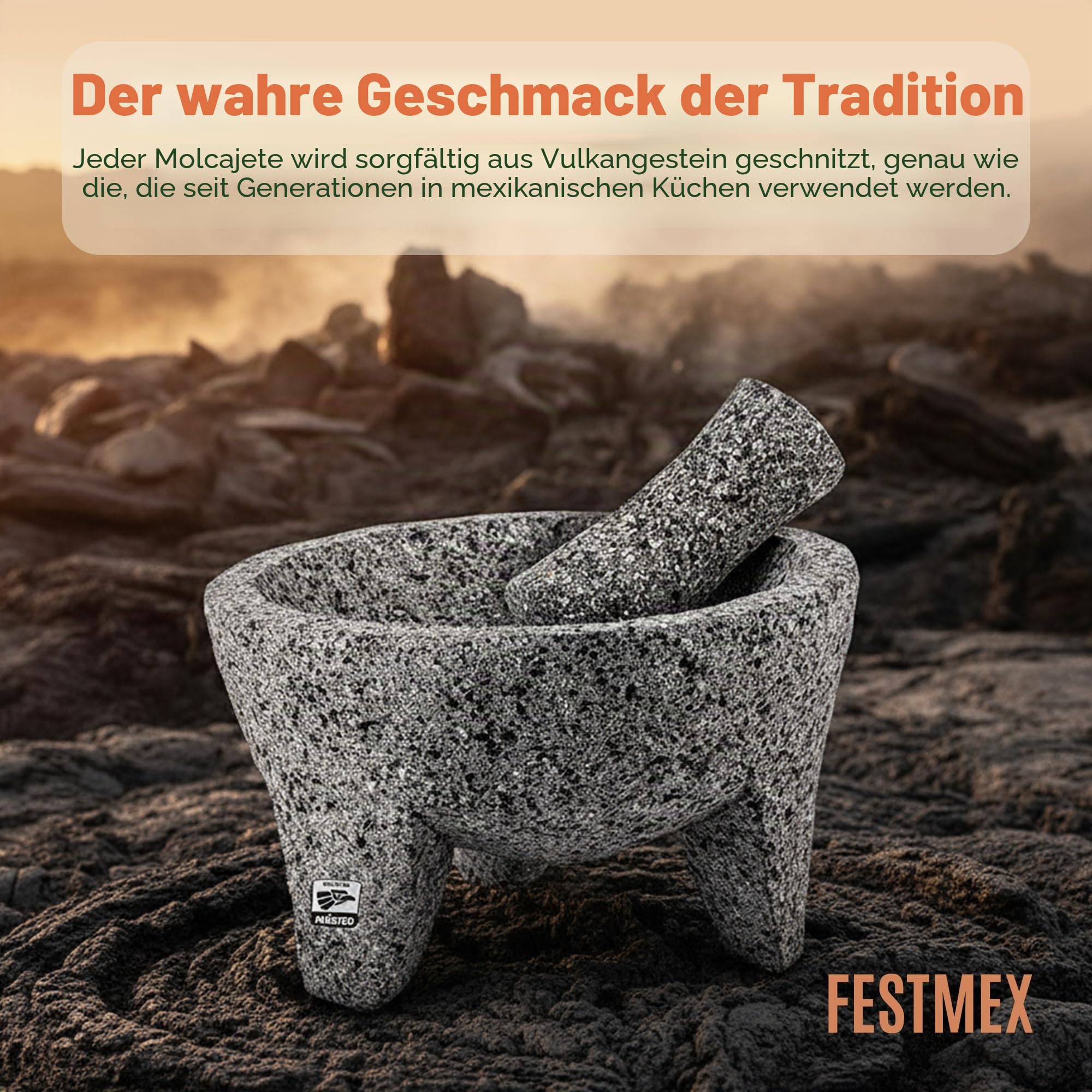 Echter handgefertigter mexikanischer Mörser und Stößel, Molcajete de Piedra natürlicher Vulkanika-Stein, schwer und langlebig, perfekt für hausgemachte Salsas, Guacamole und andere Molcajete-Teller |