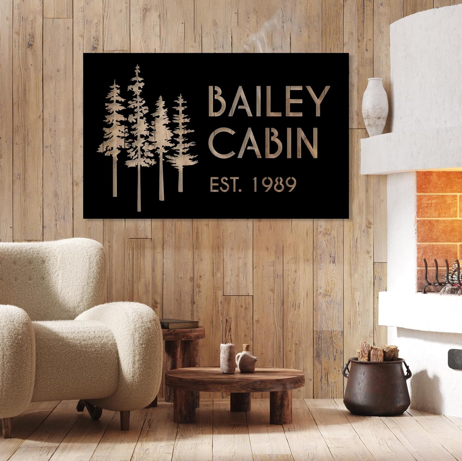 Personalized Metal Cabin Wall Art, Custom Pine Tree Metal Sign, Last Name Sign for Outdoor, Farmhouse Decor, Forest Design Family Name Sign, Mountain House Sign, Over Fireplace Art, Housewarming Gift