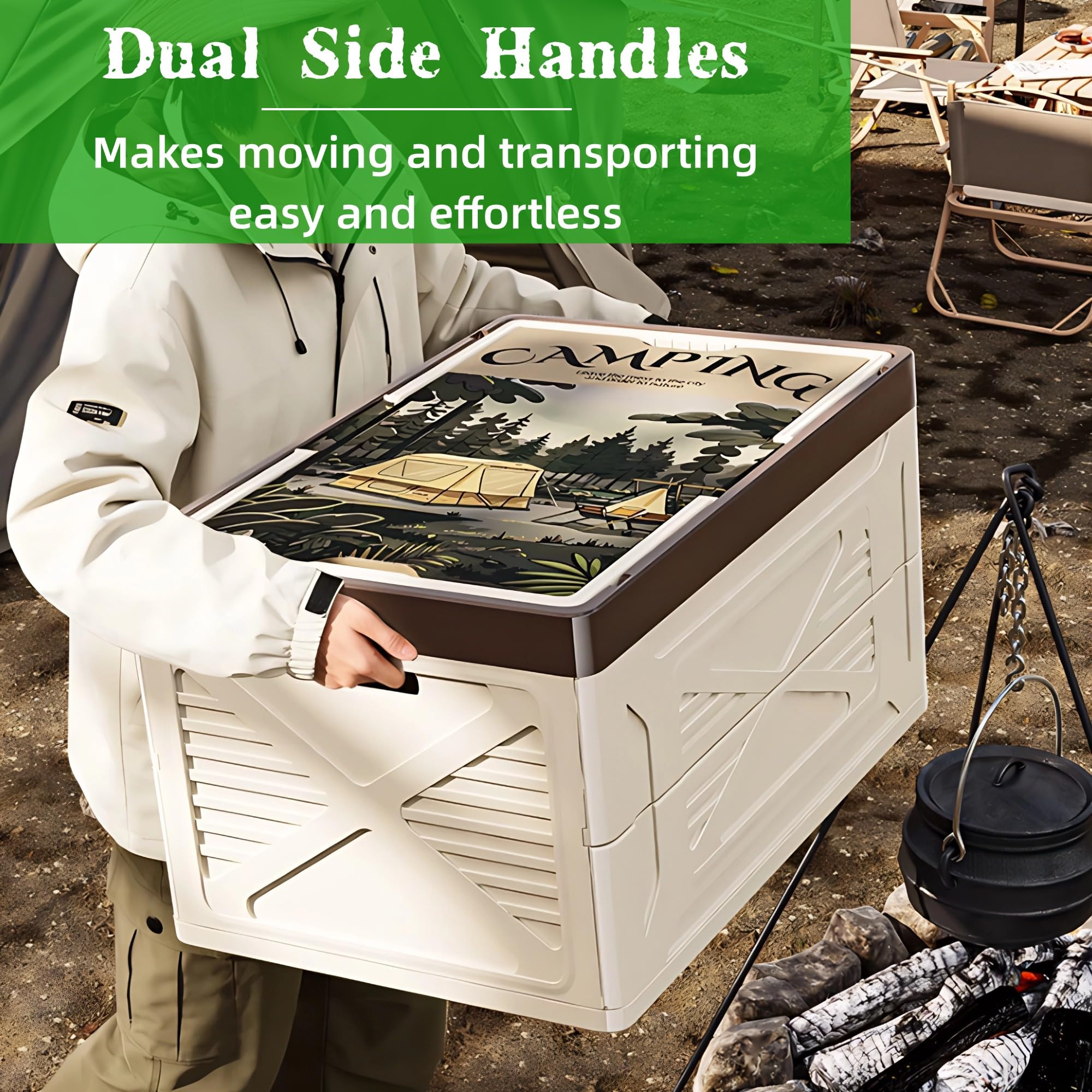 Faltbare Camping Outdoor Aufbewahrungsbox mit Decke und Griff | Stapelbar Kunststoff Auto Kofferraum Organizer Aufbewahrung, Holzdeckel, für Reisen, Familien, Garten Party, Picknick