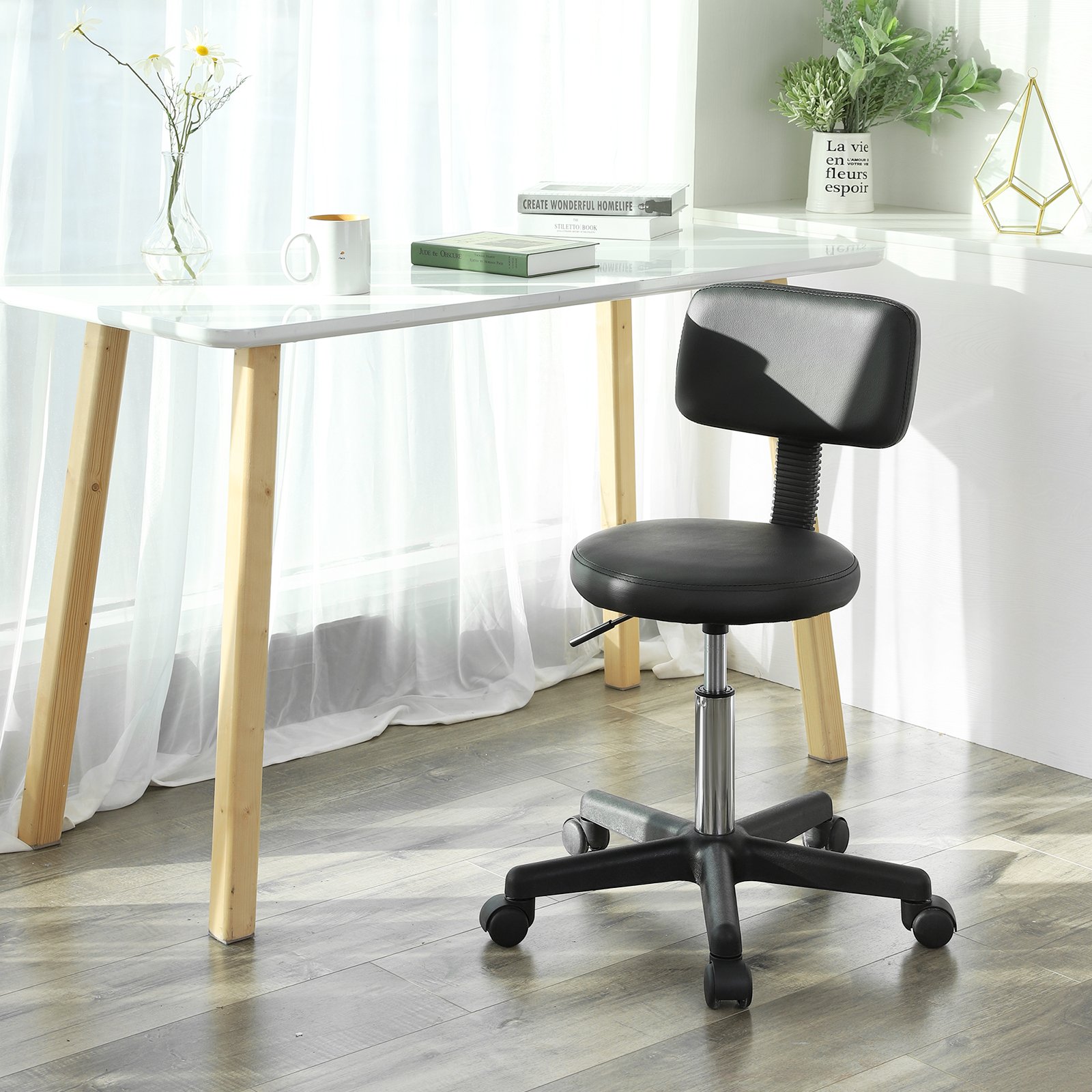 SONGMICS LJB82B - Sgabello da lavoro con ruote, in PU, con schienale regolabile in altezza continua, girevole a 360°, colore: Nero