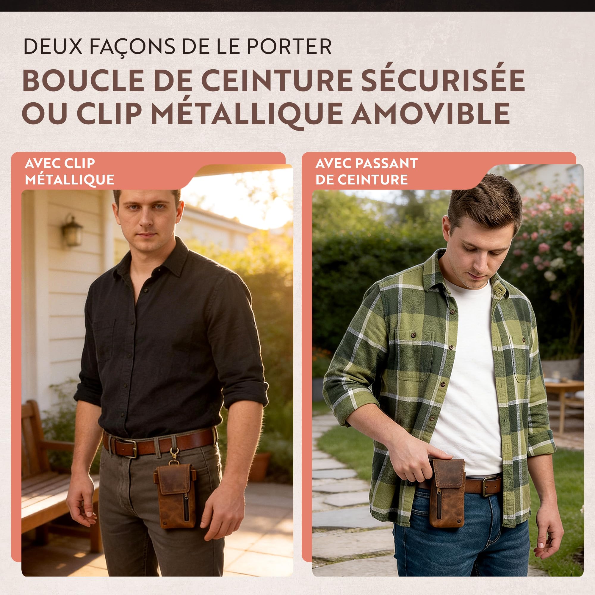 Moonster - Pochette Ceinture Téléphone Portable - Étui Téléphone en Cuir de Buffle Pleine Fleur Véritable – 18 x 9 cm - pour Smartphones de Grande Taille - Fixation Solide et Durable