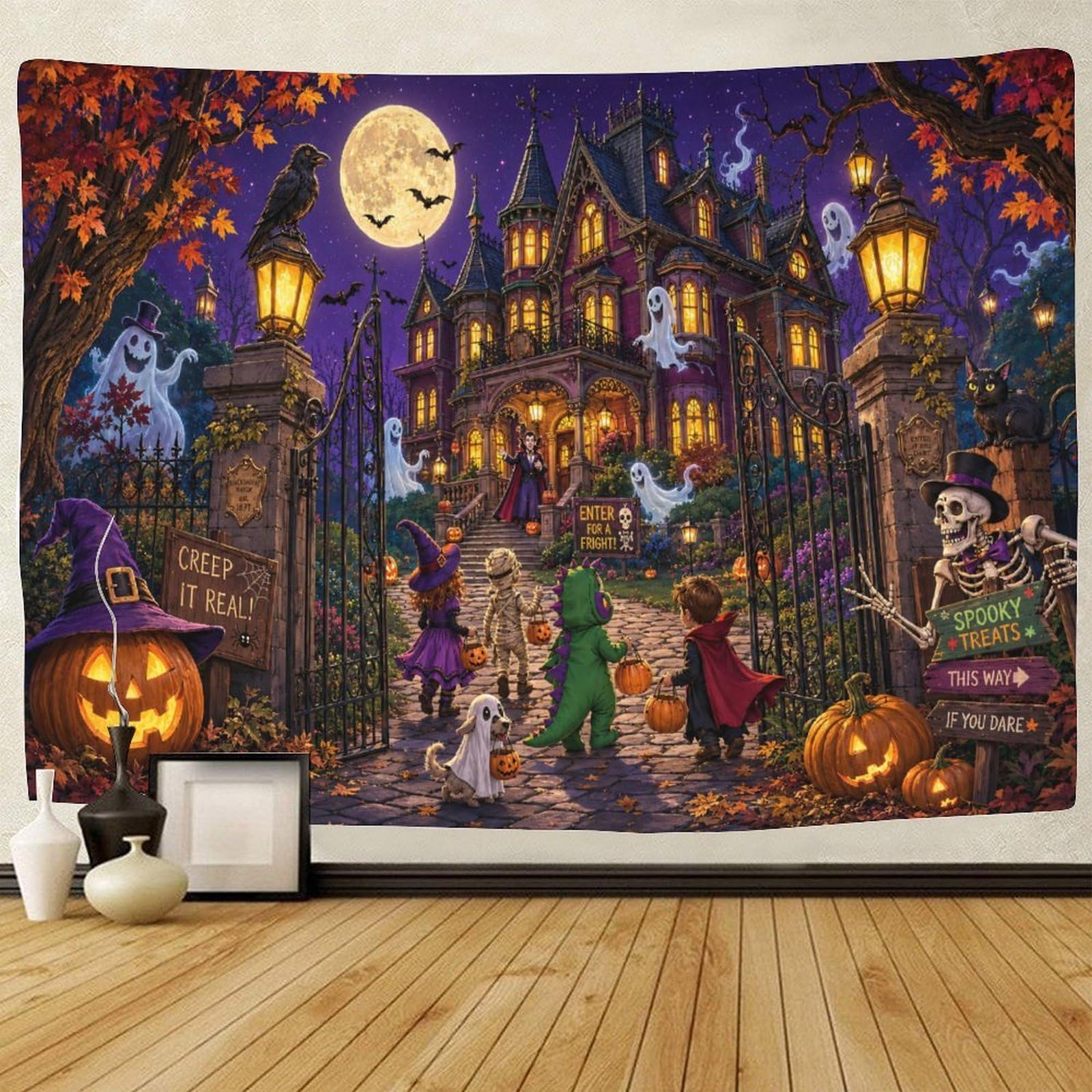 ASDFGHJKLZA Gothic Halloween Haunted House 3D Print Wall Tapestry Wall Art Decor Horror Tapestries Poster Home Decoration Bedroom Living Room 100cmx150cm