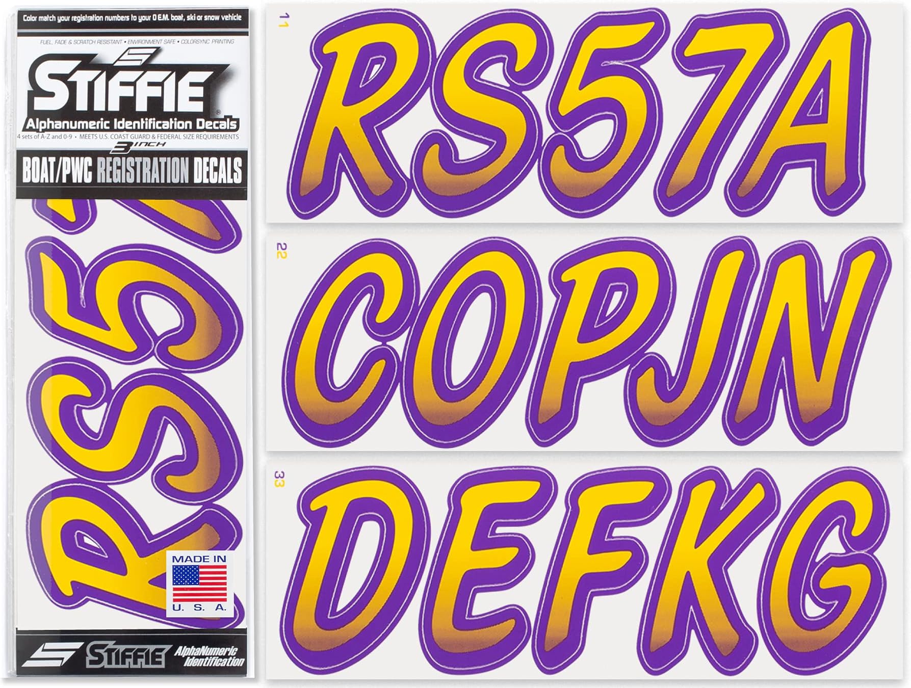 STIFFIE Whipline Yellow/Purple 3" Alpha-Numeric Registration Identification Numbers Stickers Decals for Boats & Personal Watercraft
