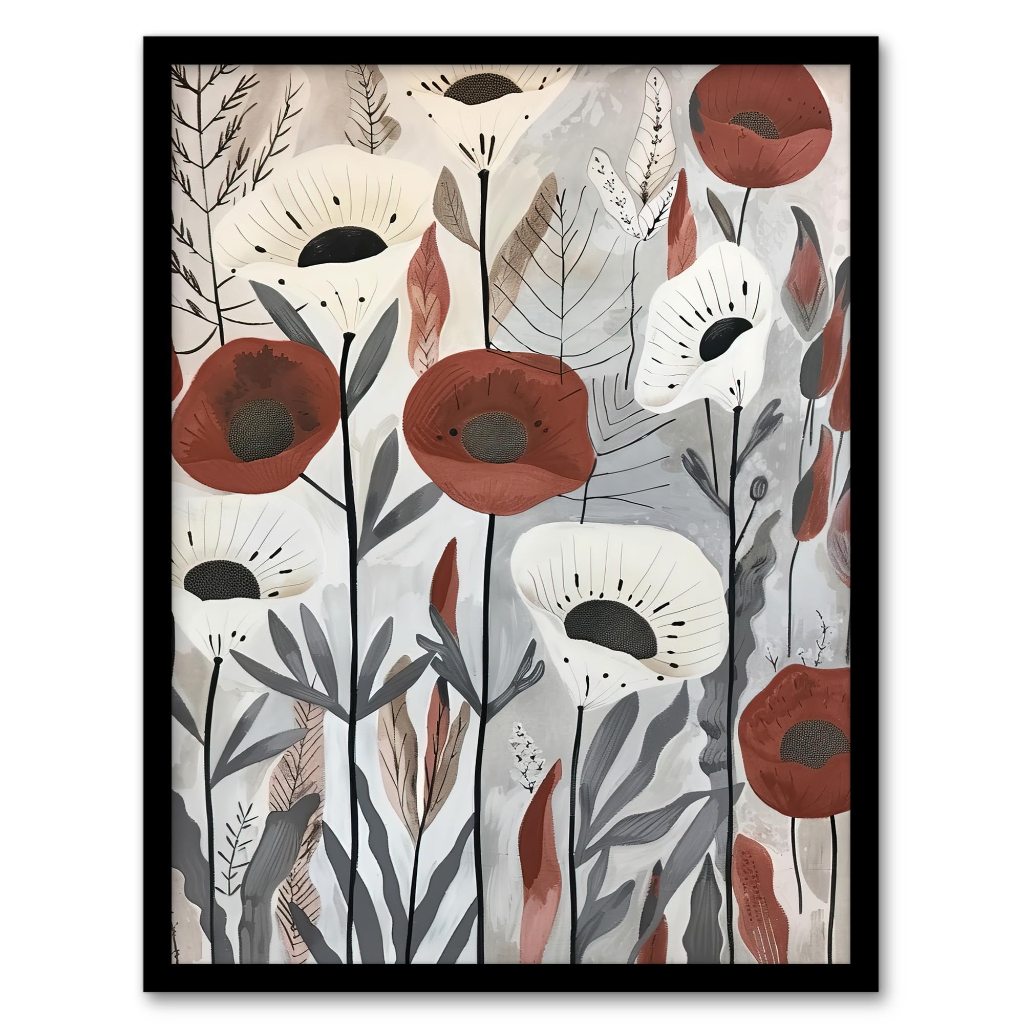 Artery8 Red White Poppy Flower Field Floral Watercolour Bedroom Artwork Framed Wall Art Print 18X24 Inch