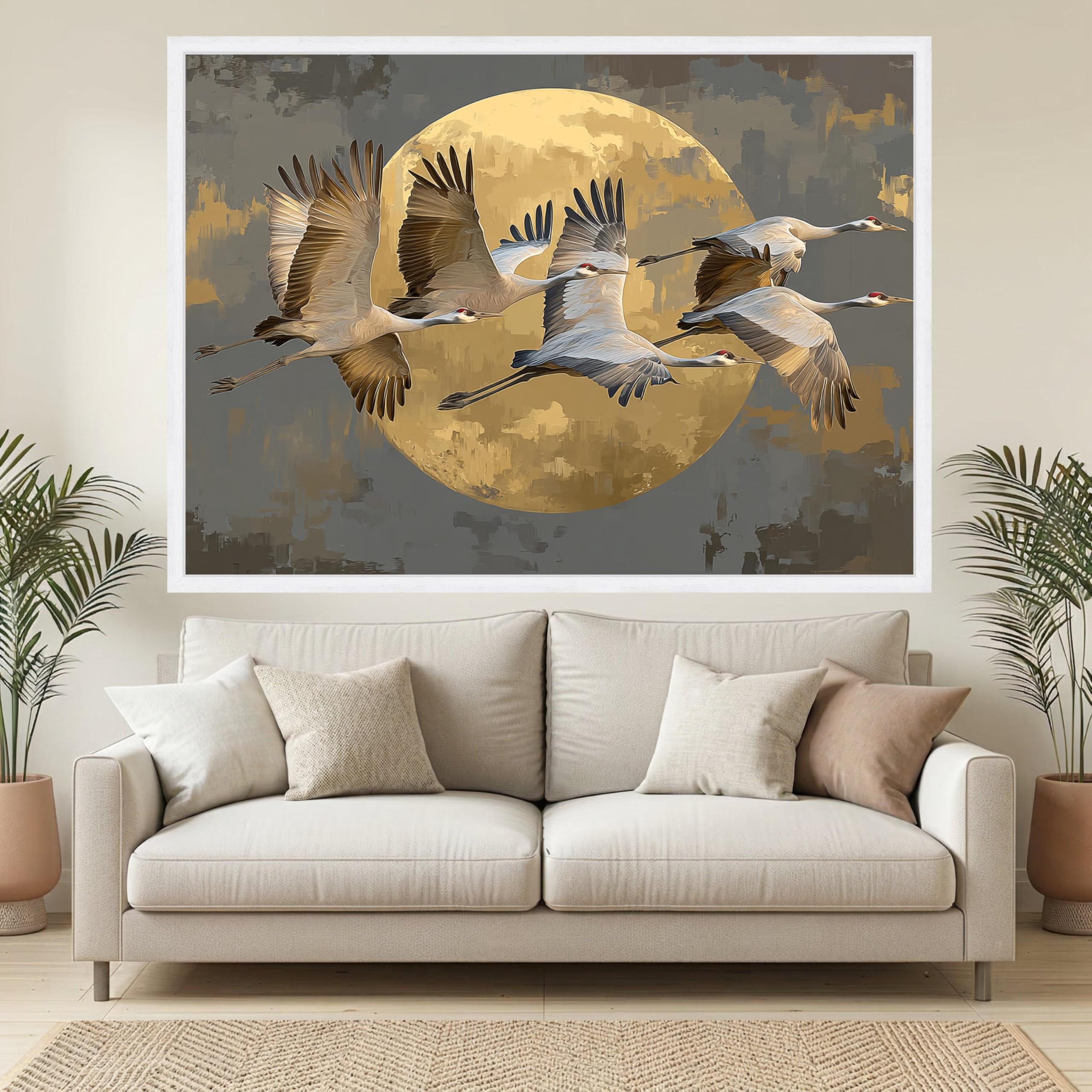 CAOXTART Flying Cranes Golden Moon Canvas, Elegant Bird Wall Art, Nature Silhouette Painting, Wildlife Posters, Home Wall Decor(60x80cm/Frameless)