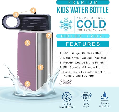 Miniatura 2 de My Personal Memories, Botella de agua personalizada de 12 onzas para niños con pajilla, vaso aislado de doble pared para niños, niñas, escuela y