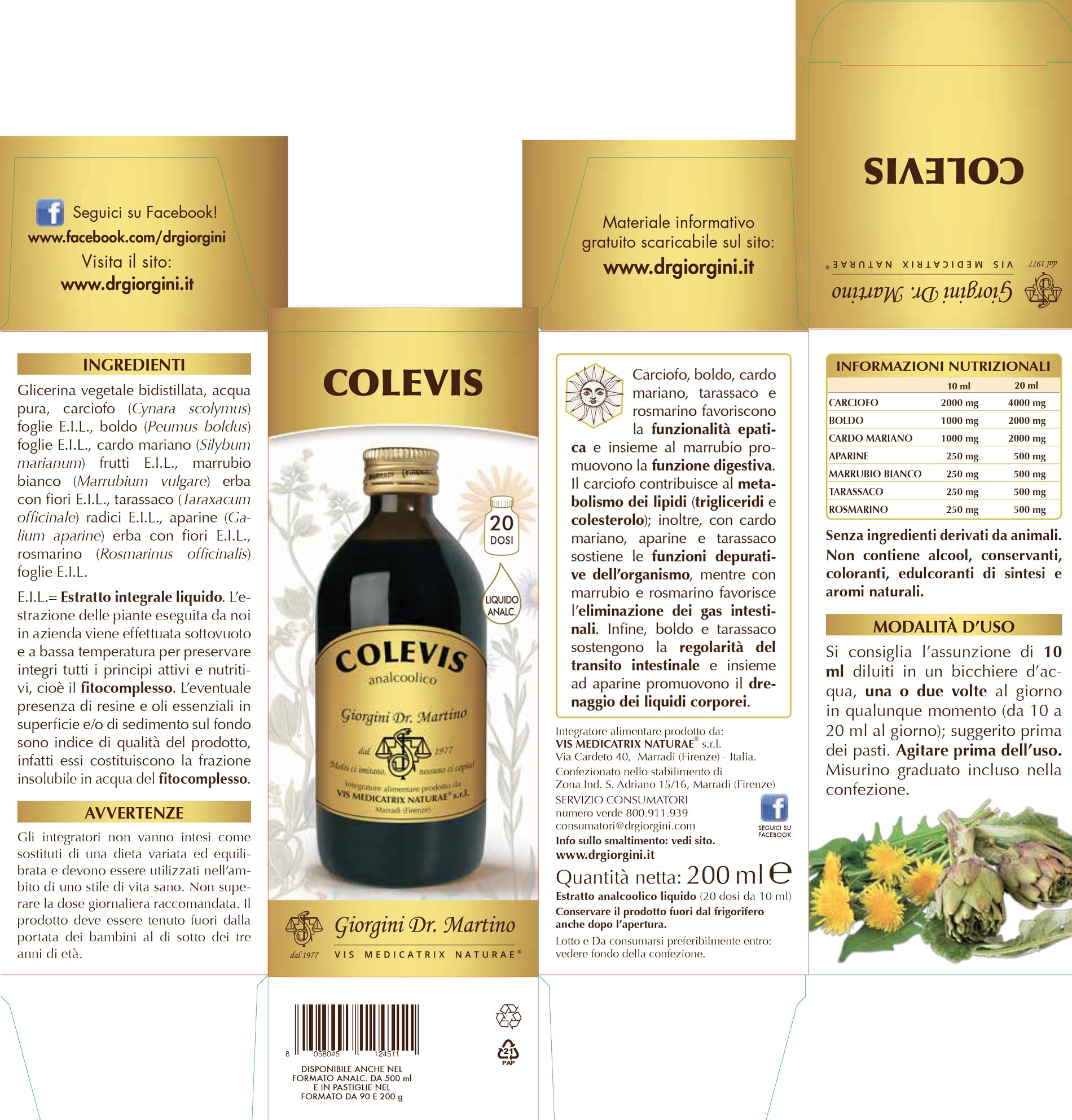 Dr Giorgini COLEVIS liquido analcolico - 200ml (integratore di Carciofo, boldo, cardo mariano, tarassaco e rosmarino)