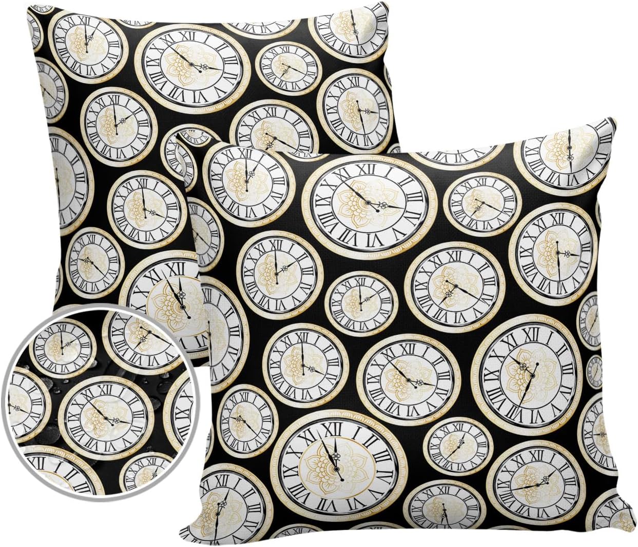 Outdoor Pillows 26x26 Waterproof Outdoor Pillow Covers Gold Flower Clock Hour Hand Minute Hand Black Polyester Throw Pillow Covers Garden Cushion Decorative Case for Patio Couch Decoration Set of 2