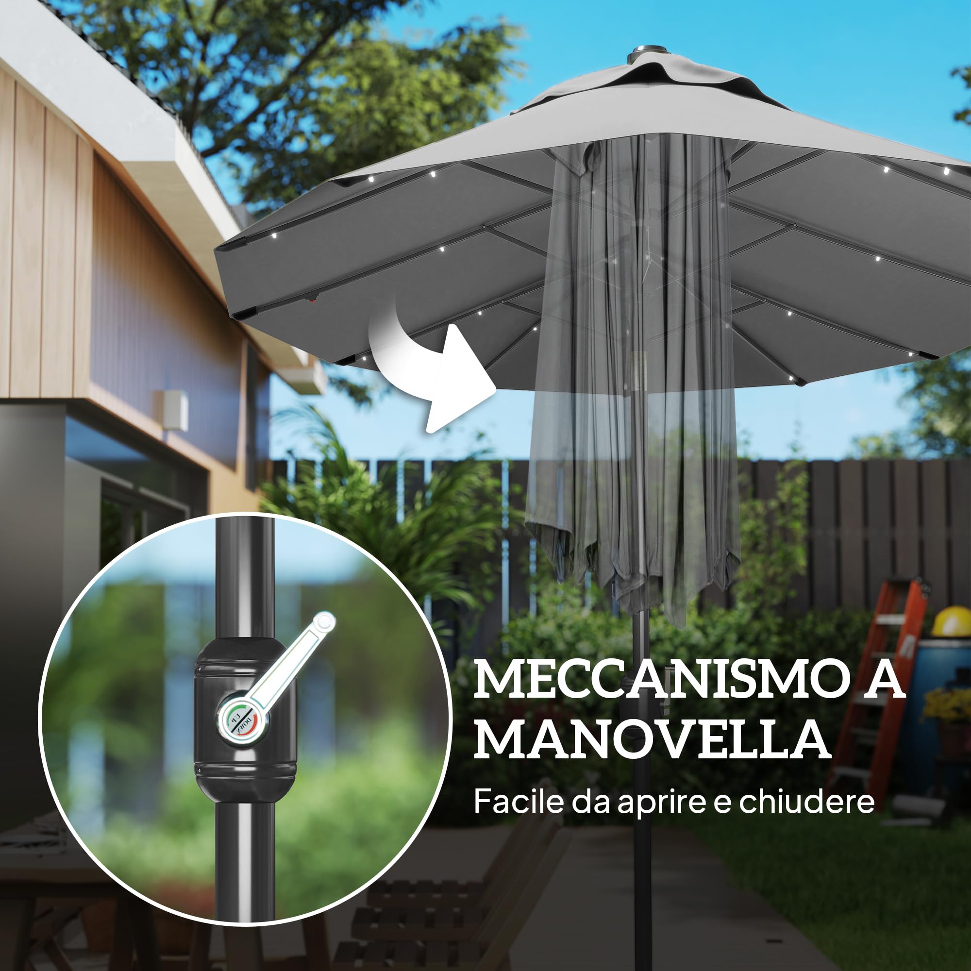 Outsunny Ombrellone da Giardino Doppio Inclinabile 295x150cm LED Grigio | con Manovella, Base a Croce, Prese d'Aria, 12 Stecche in Acciaio e Poliestere, per Giardino Terrazza Balcone