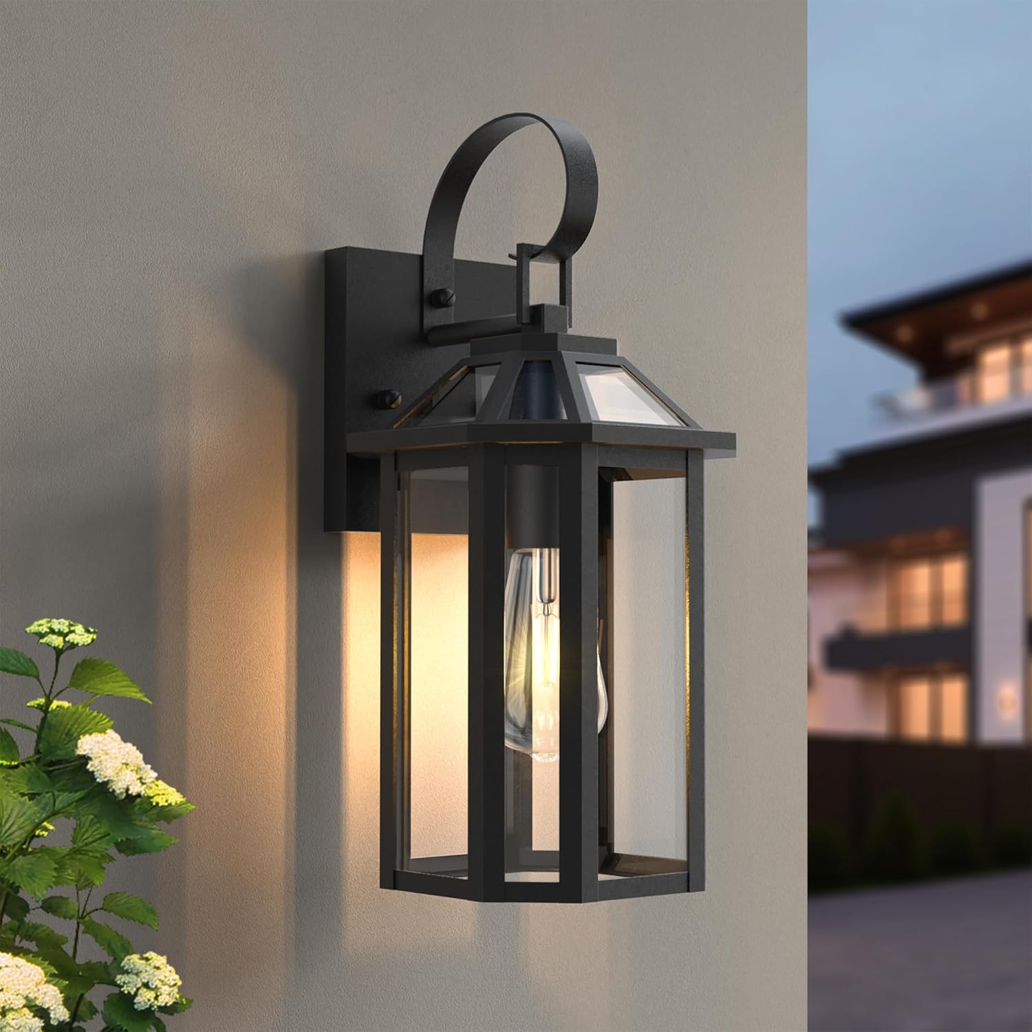 Outdoor Wall Lights, 15.56 Inch Large Waterproof Outside Wall Lantern Sconce, Clear Glass Exterior Lamp for House, Porch, Garage, 1-Light, (E26 Bulb Base, Black)