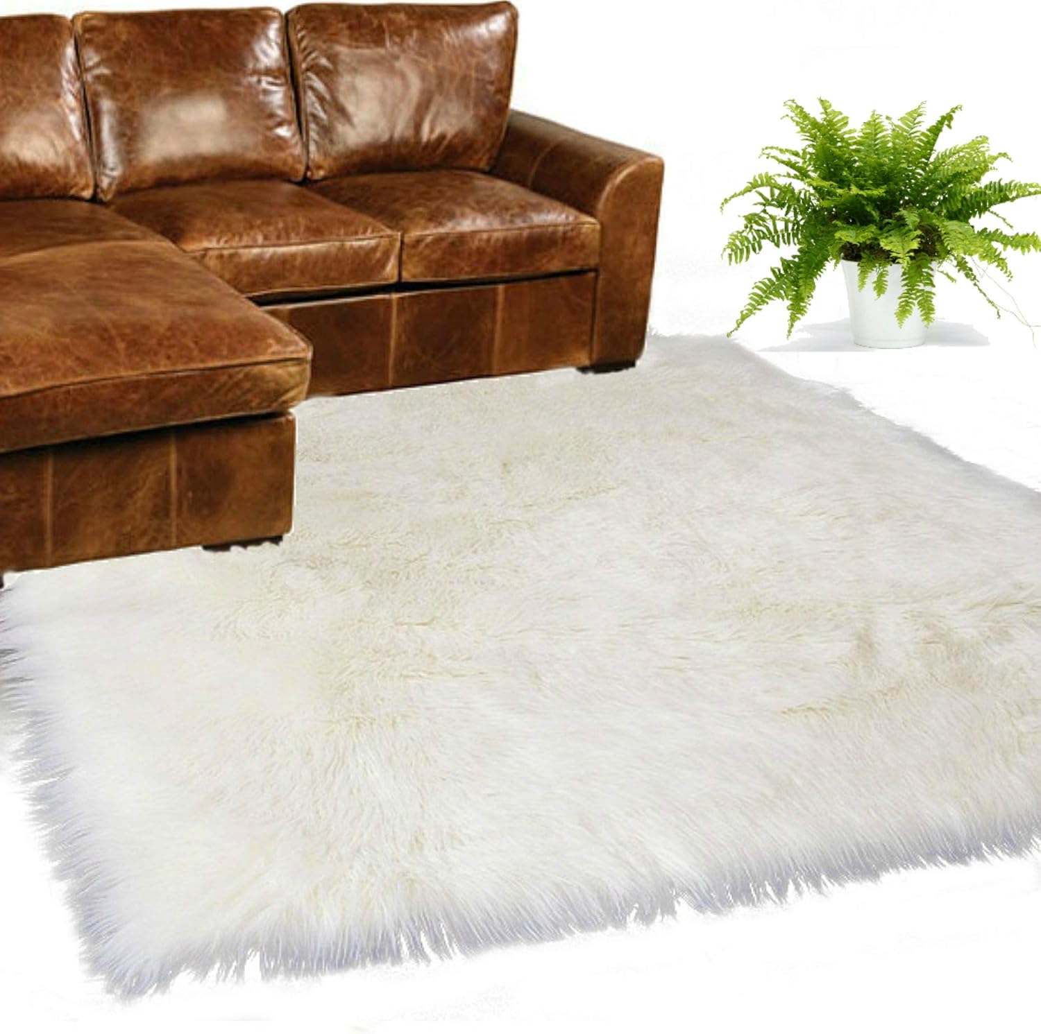 Fur Accents Shag, Faux Fur Area Rug, Natural White Fleece, Bonded Ultra Suede Lining