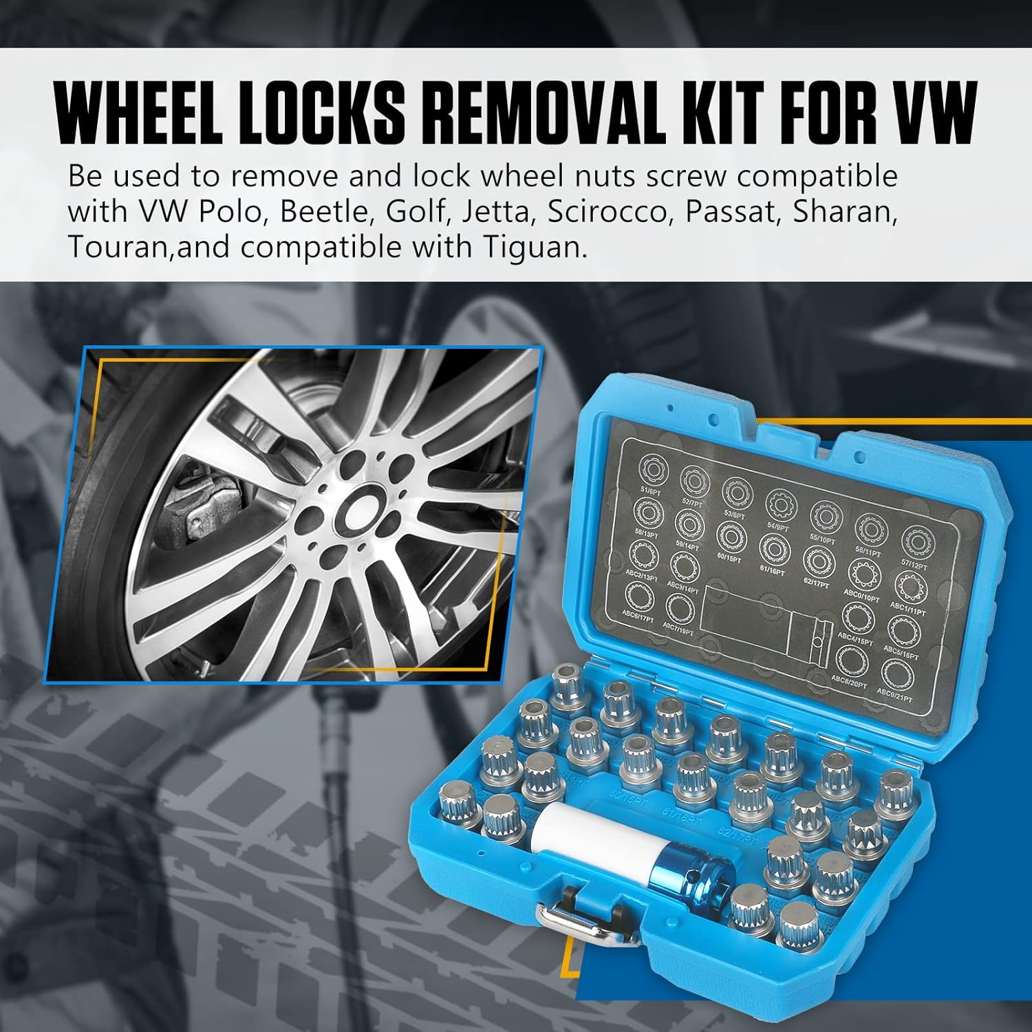 23pcs Wheel Lock Nuts Removal Kit for VW Volkswagen - Lug Nuts Screw Remover Socket Set With 1/2 Inch (12.7mm) Adapter - Compatible With VW Vehicles
