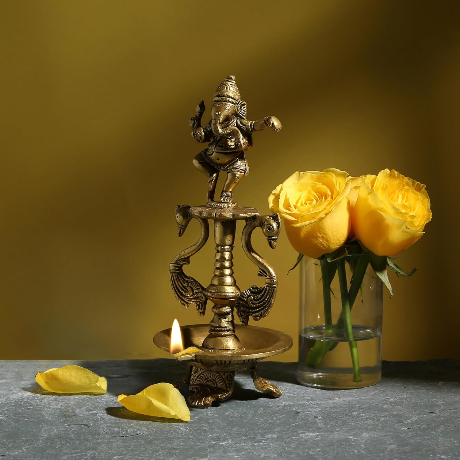 Two Moustaches Dancing Ganesha Brass Oil Diya with Base