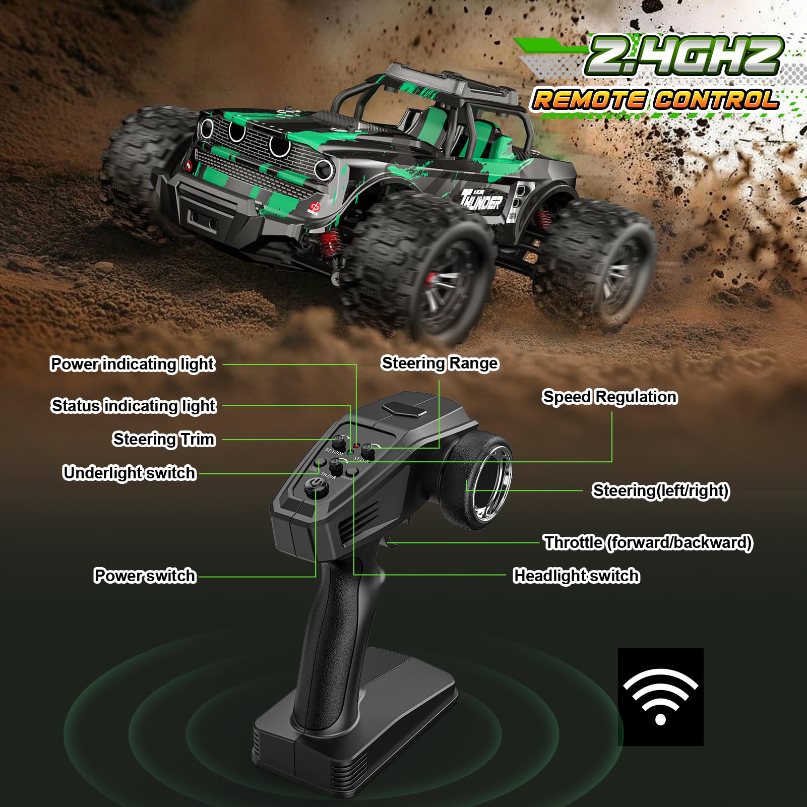 HappyGoLucky 1:14 Coche Teledirigido Adulto, 50 KM/H, 2 Baterías de 2000 mAh, 4x4 Coches RC Alta Velocidad con Luz LED, Offroad Monster Truck Juguete Regalo para Niños Adulto