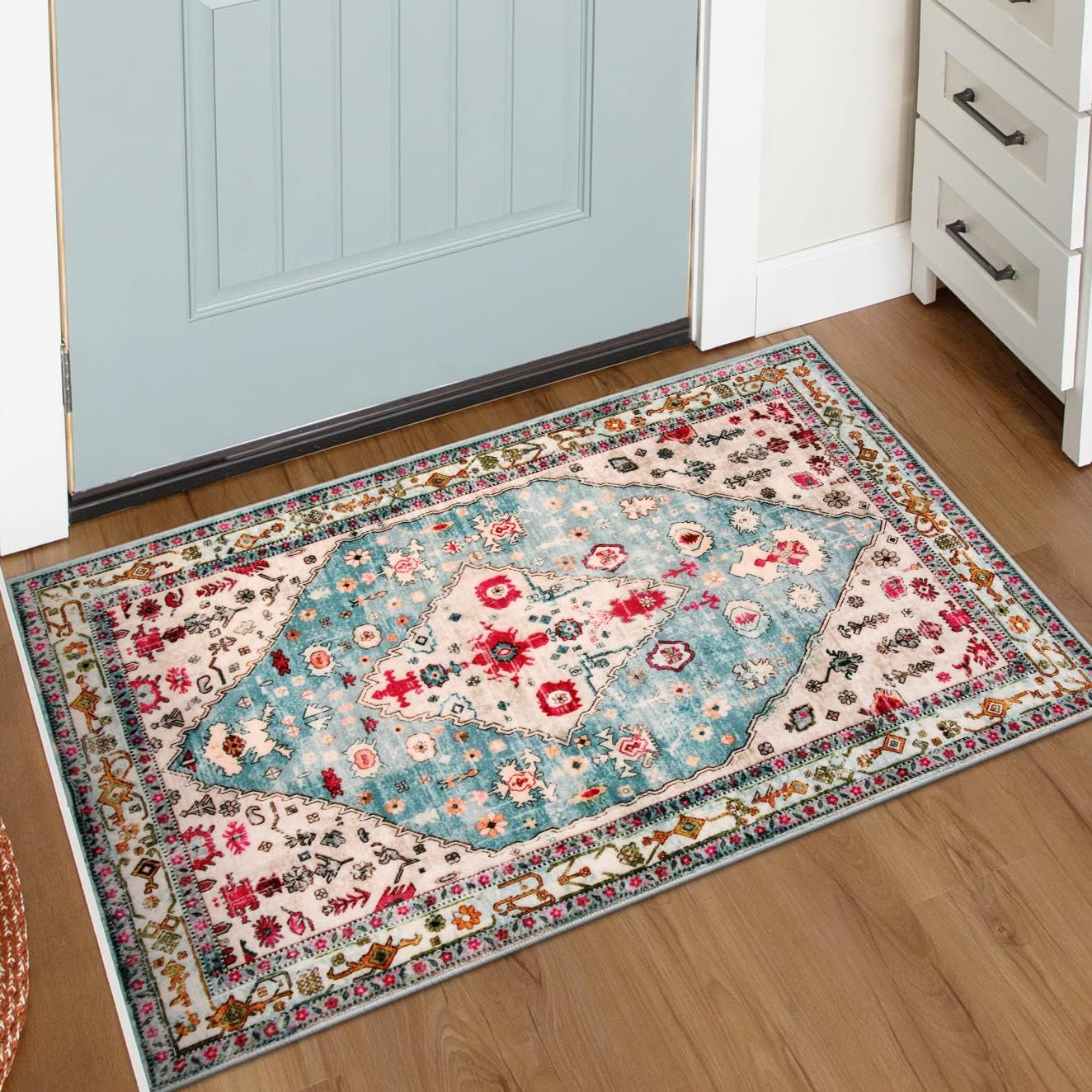 Lahome Felice Boho Tribal Area Rug - 2x3 Small Aqua Bath Rugs Kitchen Throw Mat, Soft Washable Non Slip Non Shedding Bohemian Bathroom Bedroom Carpet for Front Door Living Room Stove Chair