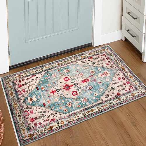 Lahome Alfombra tribal bohemia de 2 x 3 pulgadas, alfombra de baño pequeña color aguamarina, alfombra de cocina, suave, lavable, antideslizante, no