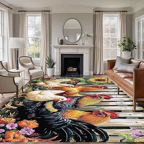 Miniatura 2 de 5x8 Area Rugs, Retro Rooster Non-Skid Rubber Backing Large Rectangle Rugs - Living Room Bedroom Home Office, Farmhouse Watercolor Animals Floral