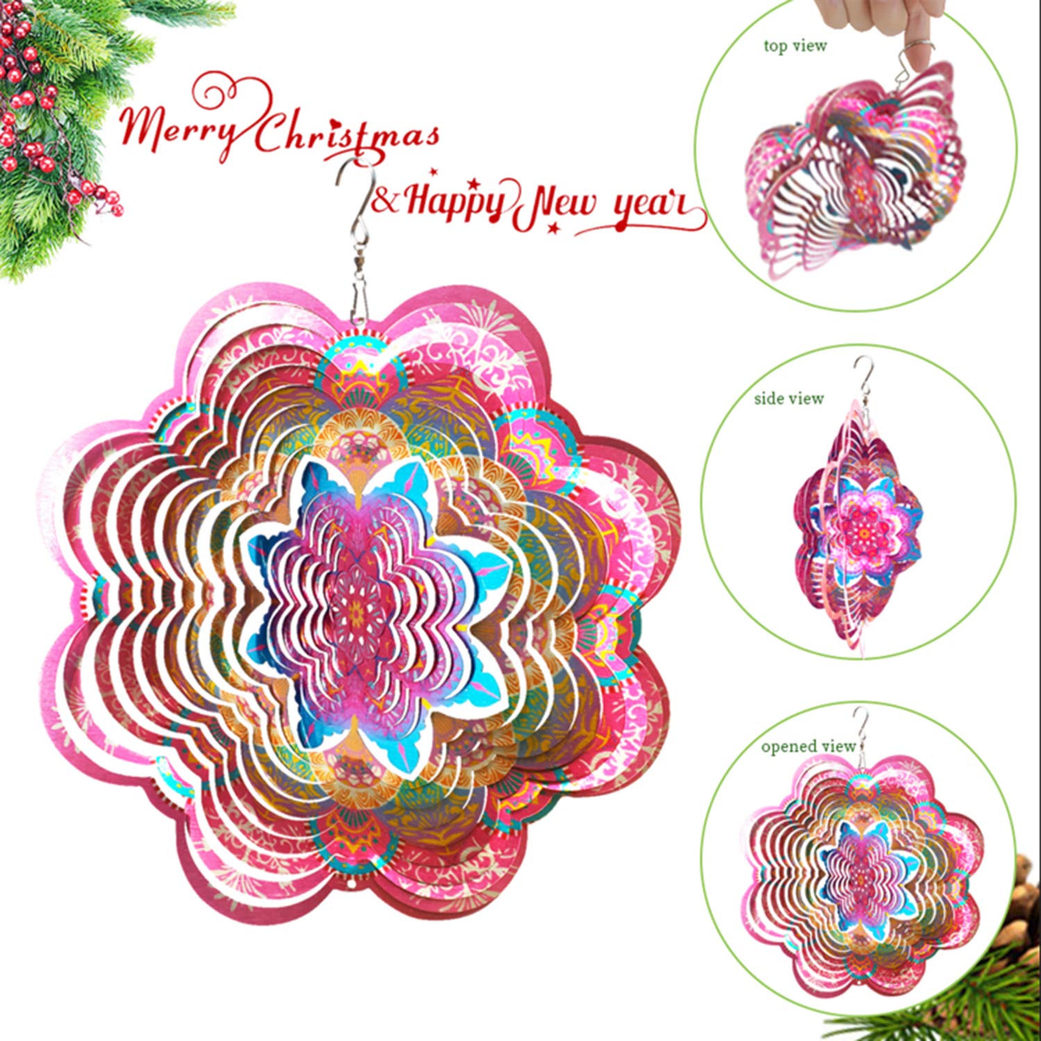 FONMY Wind Spinner 3D Stainless Steel Christmas Decoration Room Decor Indoor/Outdoor Garden Decoration Hanging Ornaments Kinetic Yard Art Decorations 12 inches Pink Flower Mandala Wind Spinners