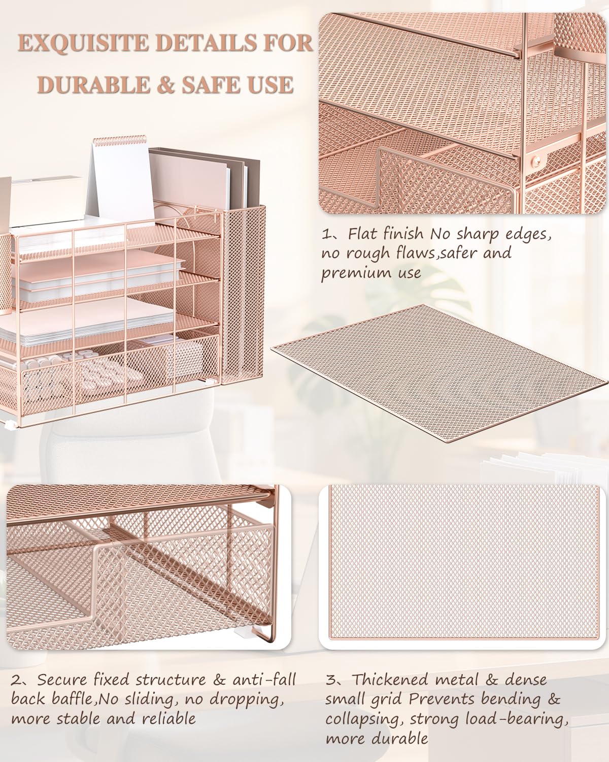 WALI Desk File Organizer, 4 Tier Desktop Paper Letter Tray Organizer with Drawer and 2 Pen Holders, Office Desk Accessories & Workspace Organizers for Office, Home, School Supplies, 1 Pack, Rose Gold view 5