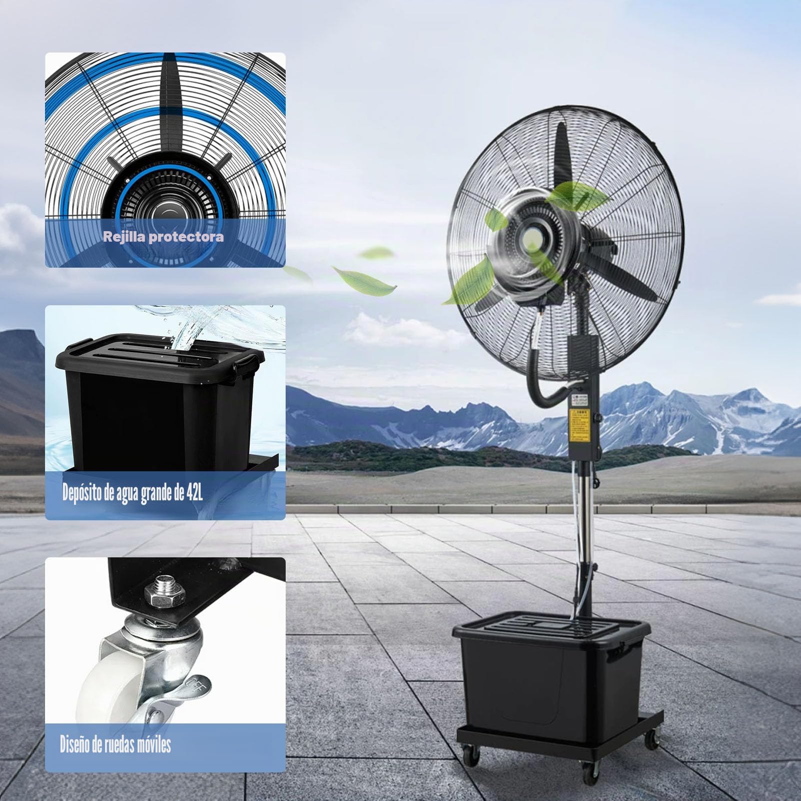 Ventilador Nebulizador De Pie con DepóSito De Agua De 42L, 3 Velocidades, Ventilador De Pedestal Exterior con Pulverizador, OscilacióN De 90°, Enfriador De Aire para Taller Garaje PéRgola