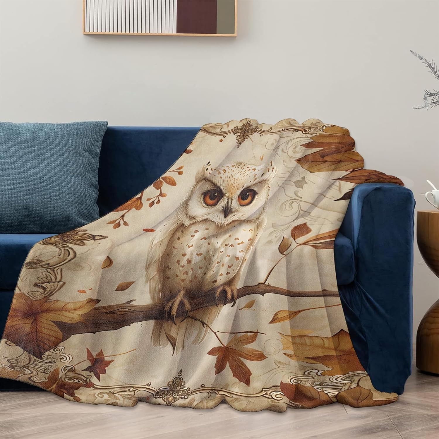 Owl Autumn Leaves Blanket Gifts for Women Adults, Soft Warm Lightweight Flannel Throw Blankets for Camping Bedroom Living Room Home Sofa Travel Decor 50" x 60" - Image 2