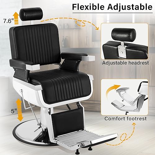 Miniatura 3 de Silla de peluquería, silla hidráulica reclinable de alta resistencia negra para peluquería con reposapiés y reposacabezas, silla giratoria ajustable