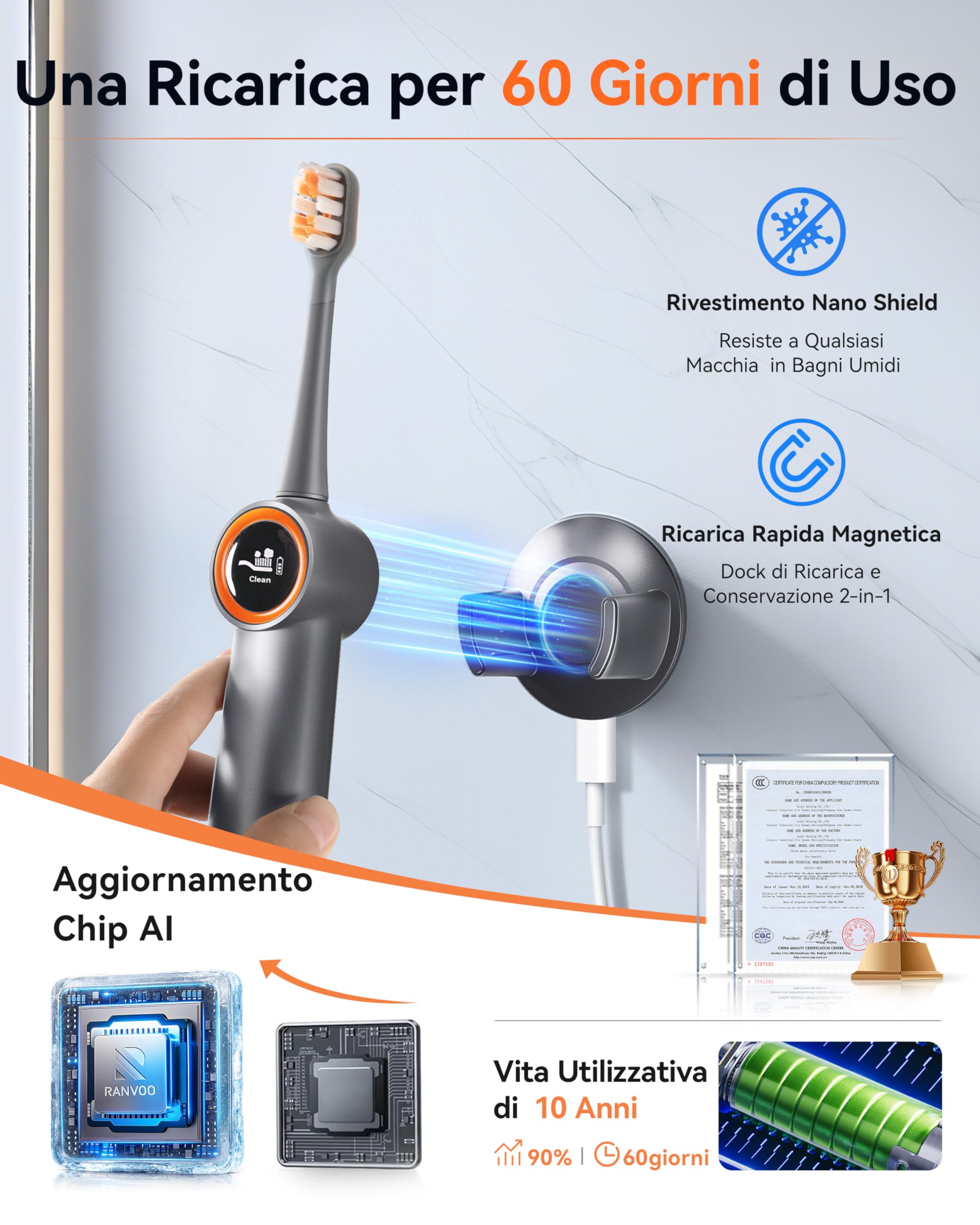 RANVOO AirJet [Max Jet Clean] [Vibrante & Flossing 2-in-1] Bubble Sonic Spazzolino elettrico per rimozione della placca, bianco per la cura delle gengive per adulti, regalo ricaricabile con 2 testine