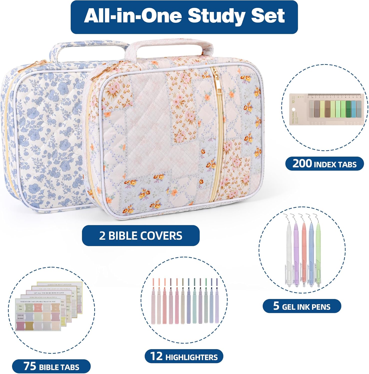 2-Pack Bible Cover Case for Women with Study Supplies Kit, Large Quilted Bible Bags & Organizer with Handle, Perfect Christian Gifts