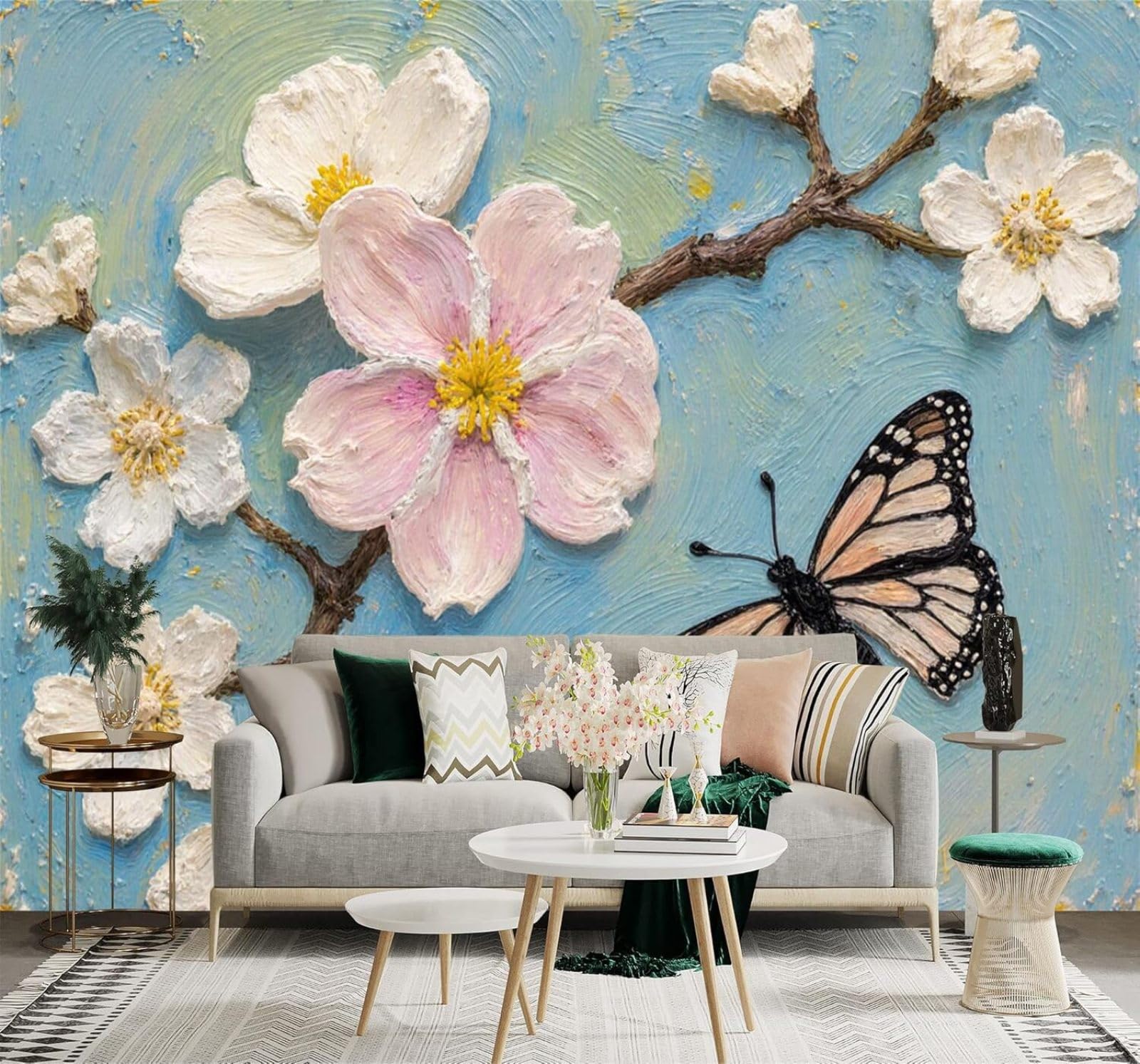 Yuemingdi 250Cm×170Cm(B×H) 3D Wallpaper Relief Pale Pink Flowers Butterflies Abstract Light Blue