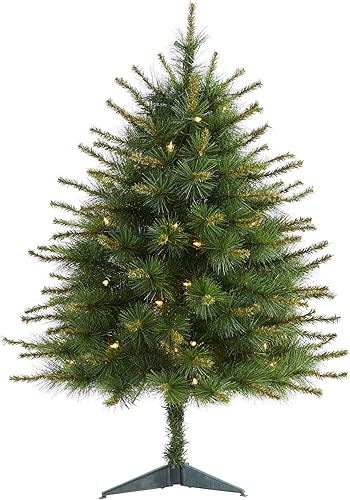 Nearly Natural Árbol de Navidad artificial de pino de Nueva Inglaterra de 3 pies con 50 luces transparentes y 117 ramas flexibles