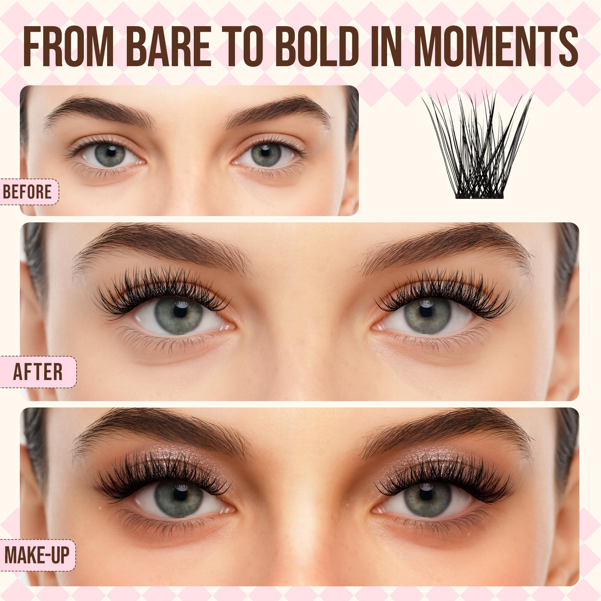 LASHVIEW Cluster Lashes 144Pcs D Curl Lash Clusters Natural Fluffy and Wispy Lashes Individual Cluster Super Thin Band Individual Eyelashes Soft and Comfortable for All Day (A14) - Image 2