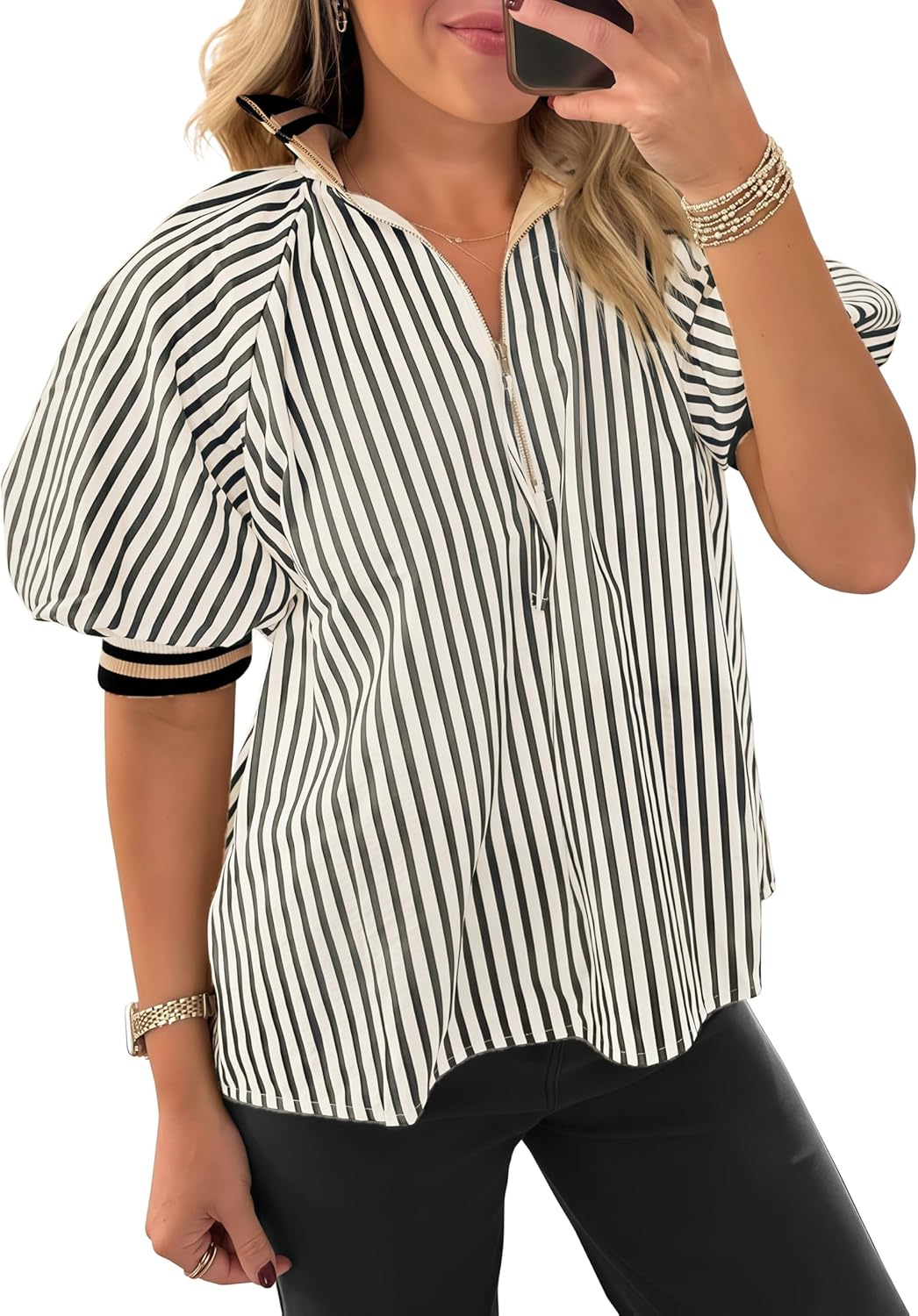 Womens Striped Puff Sleeve Blouse Half Zip Loose Color Block Ribbed Knit Collared Top - Image 3