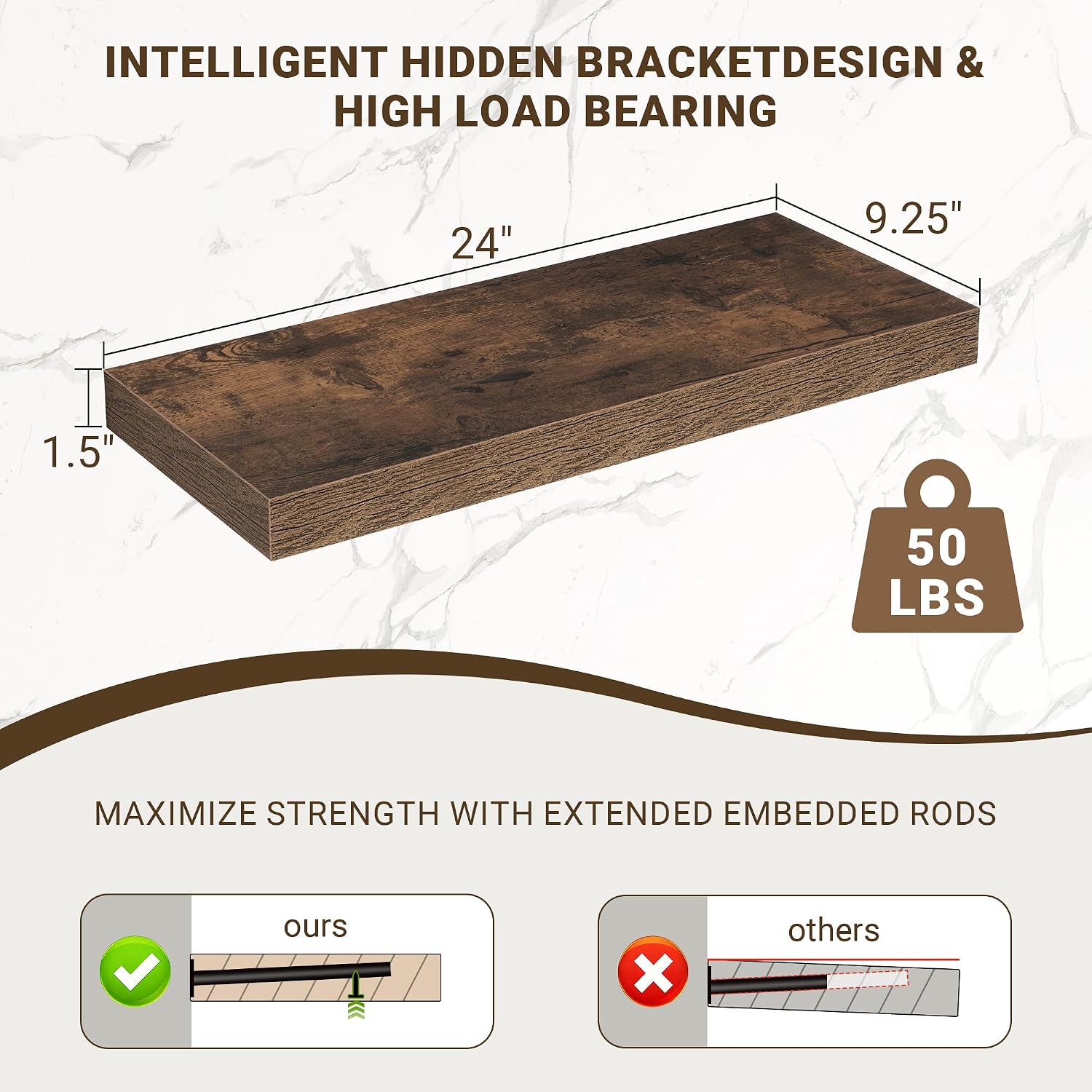Acovy 24 Inch Floating Shelves, 3D Textured 24"x9.25"x1.5" Inch Deep Floating Shelves for Wall, Wooden Shelves for Bathroom, Bedroom, Living Room, Brown, 2 Pieces image 3