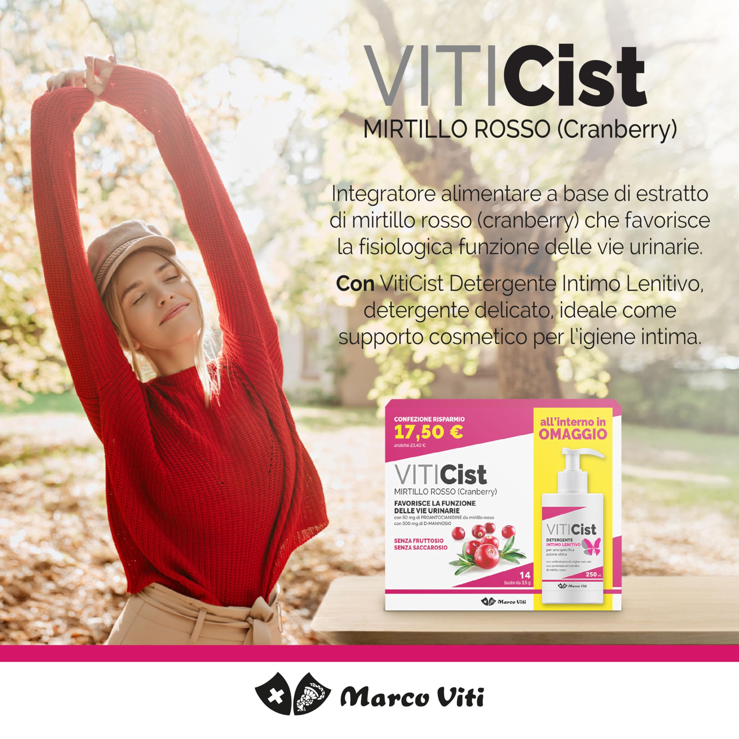 Marco Viti Viticist Kit Integratore con Cranberry e D-Mannosio + Detergente Intimo Lenitivo, 14 Bustine da 3,5 g + 250 ml, Supporto Vie Urinarie, Senza Glutine e Lattosio