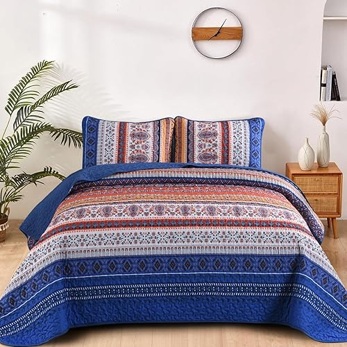 Miniatura 2 de Juego de edredón bohemio tamaño Queen, colcha con estampado de rayas bohemias para todas las estaciones, juego de ropa de cama de microfibra ligera
