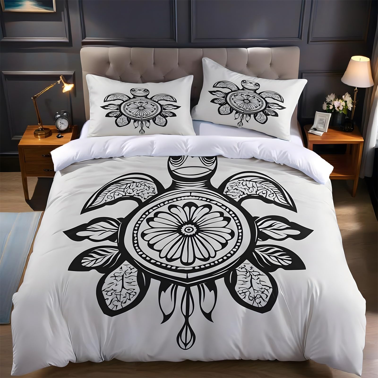 Ypthriline Double Bedding Set Turtle Bedding Set Microfiber Black White Duvet Covers with Pillowcases Reversible Bedding With Zipper Closure 200x200CM